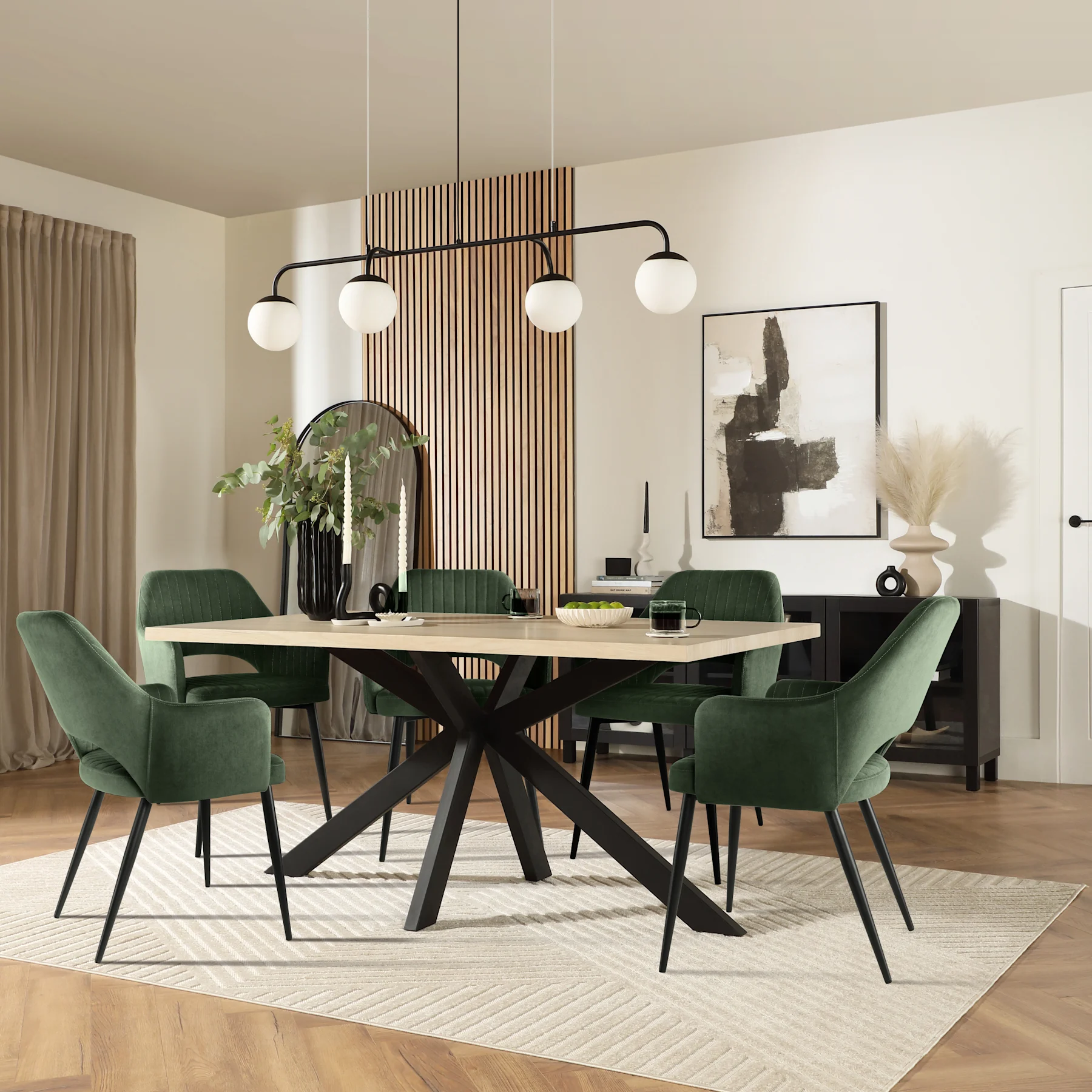 Madison Dining Table & 4 Clara Chairs, Light Oak Effect & Black Steel, Moss Green Classic Velvet, 160cm