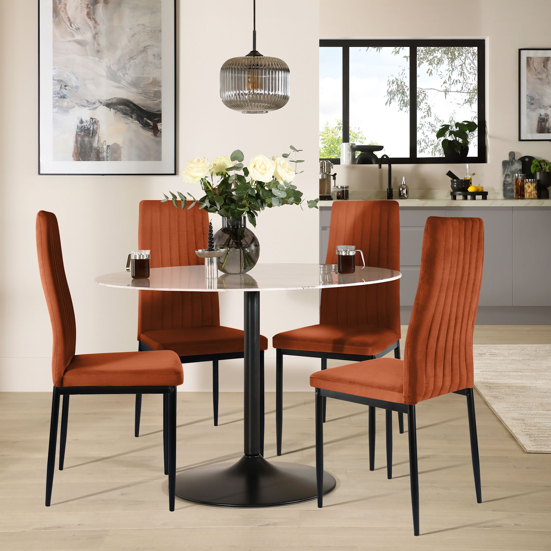 Orbit Round Dining Table & 4 Leon Chairs, White Marble Effect & Black