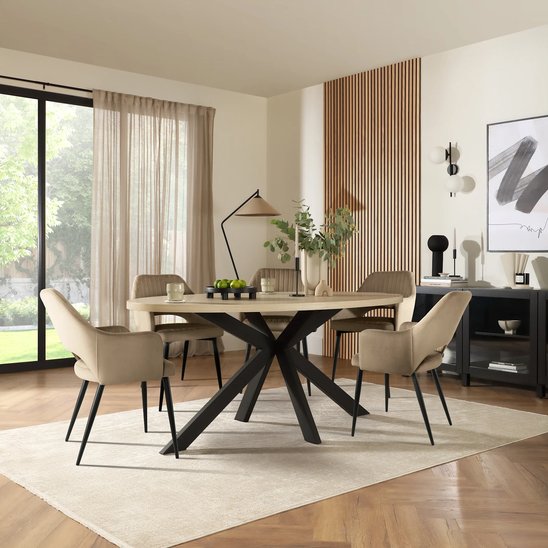 Madison Oval Dining Table & 4 Clara Chairs, Light Oak Effect & Black Steel, Beige Classic Velvet, 180cm