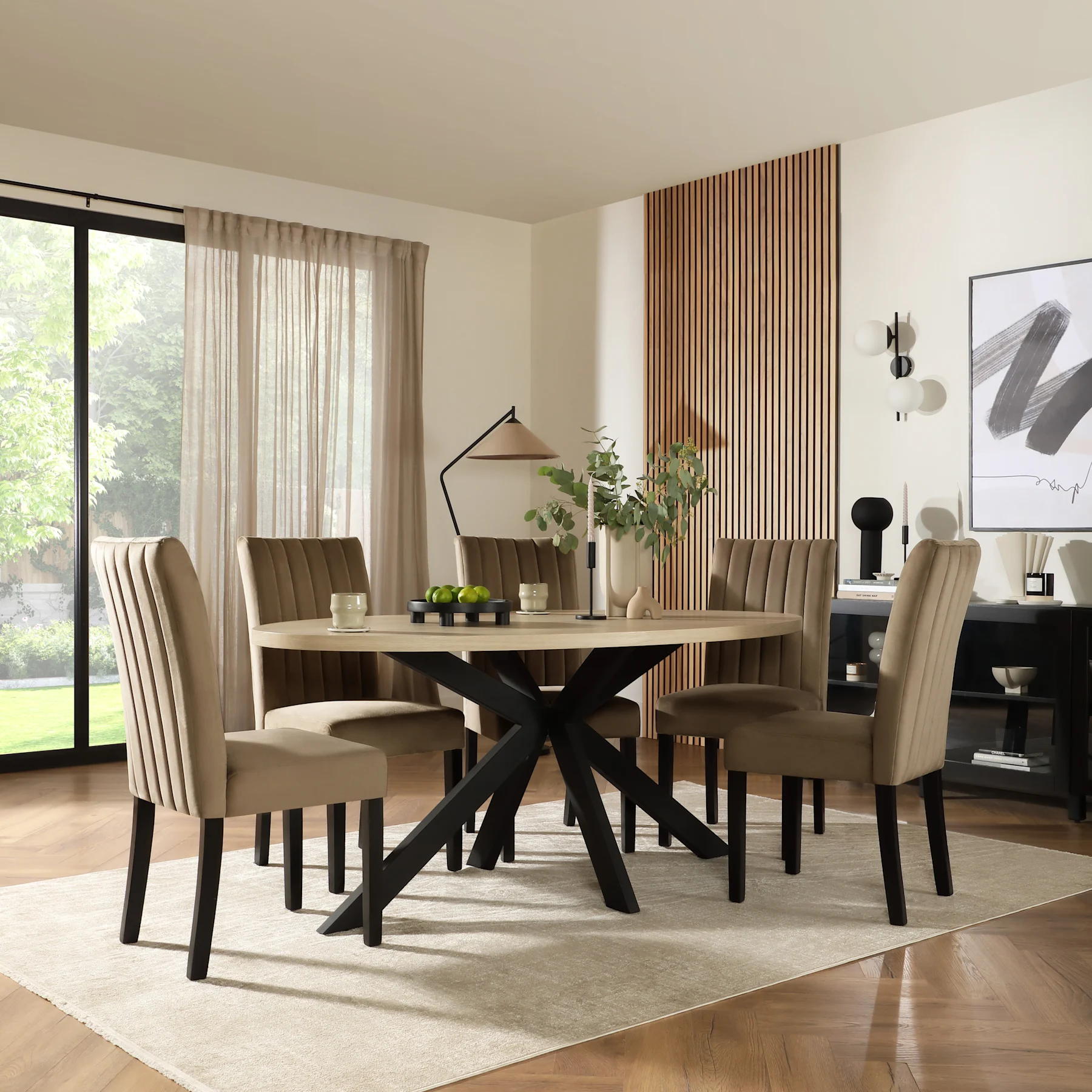 Madison Oval Dining Table & 6 Salisbury Chairs, Light Oak Effect & Black Steel, Beige Classic Velvet & Black Solid Hardwood, 180cm