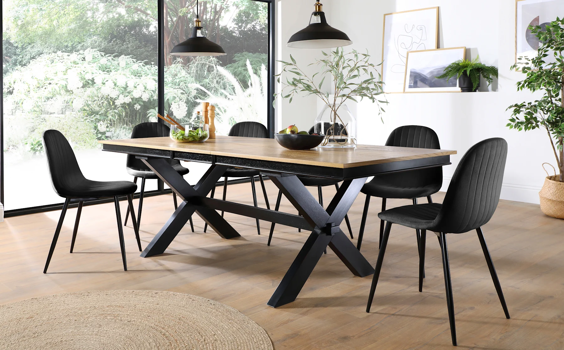 Grange Extending Dining Table & 4 Brooklyn Chairs, Natural Oak Veneer & Black Solid Hardwood, Black Classic Velvet & Black Steel, 180-220cm