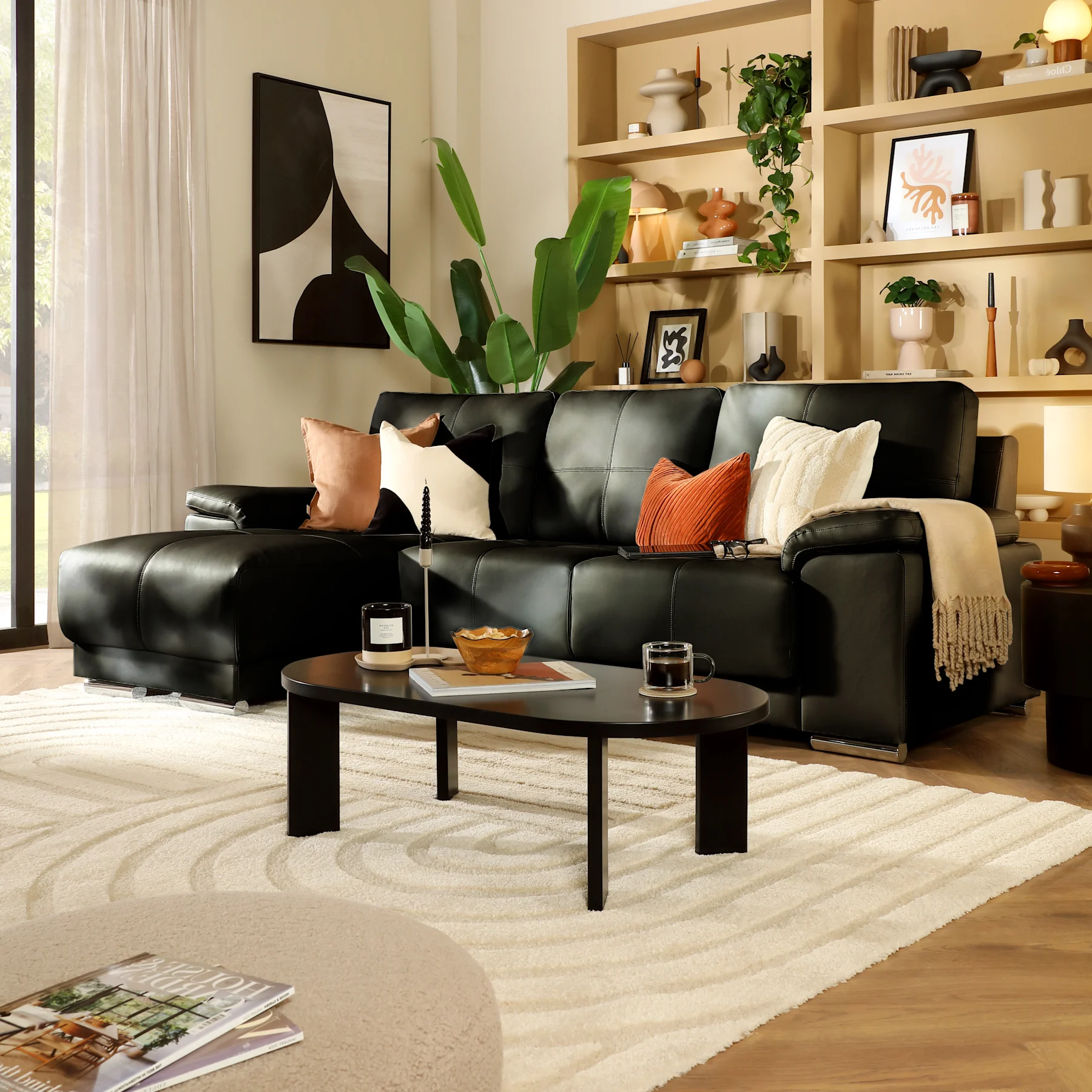 Kansas L-Shape Corner Sofa, Left-Hand Facing, Black Premium Faux Leather