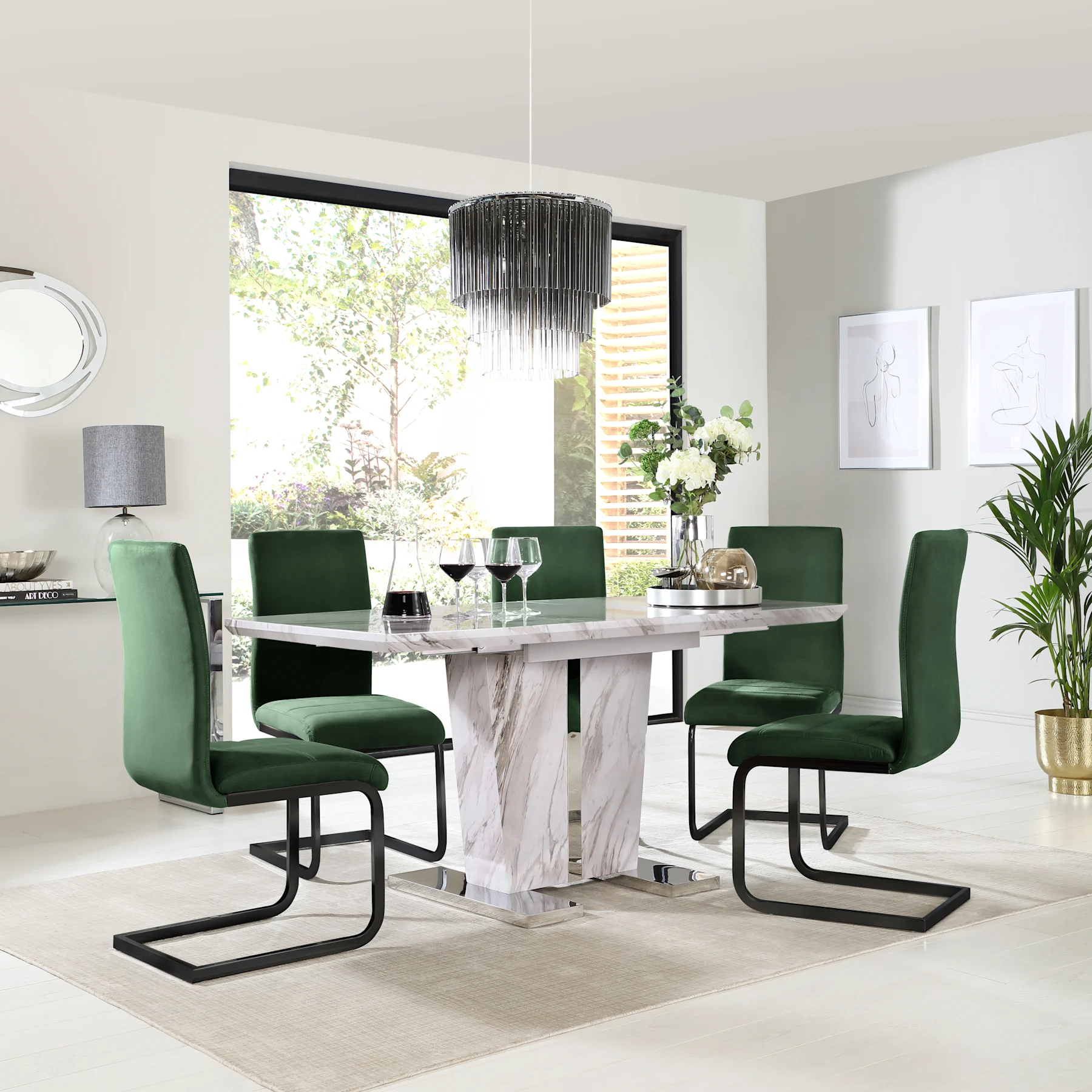 Vienna Extending Dining Table & 4 Perth Chairs, Grey Marble Effect, Moss Green Classic Velvet & Black Steel, 120-160cm