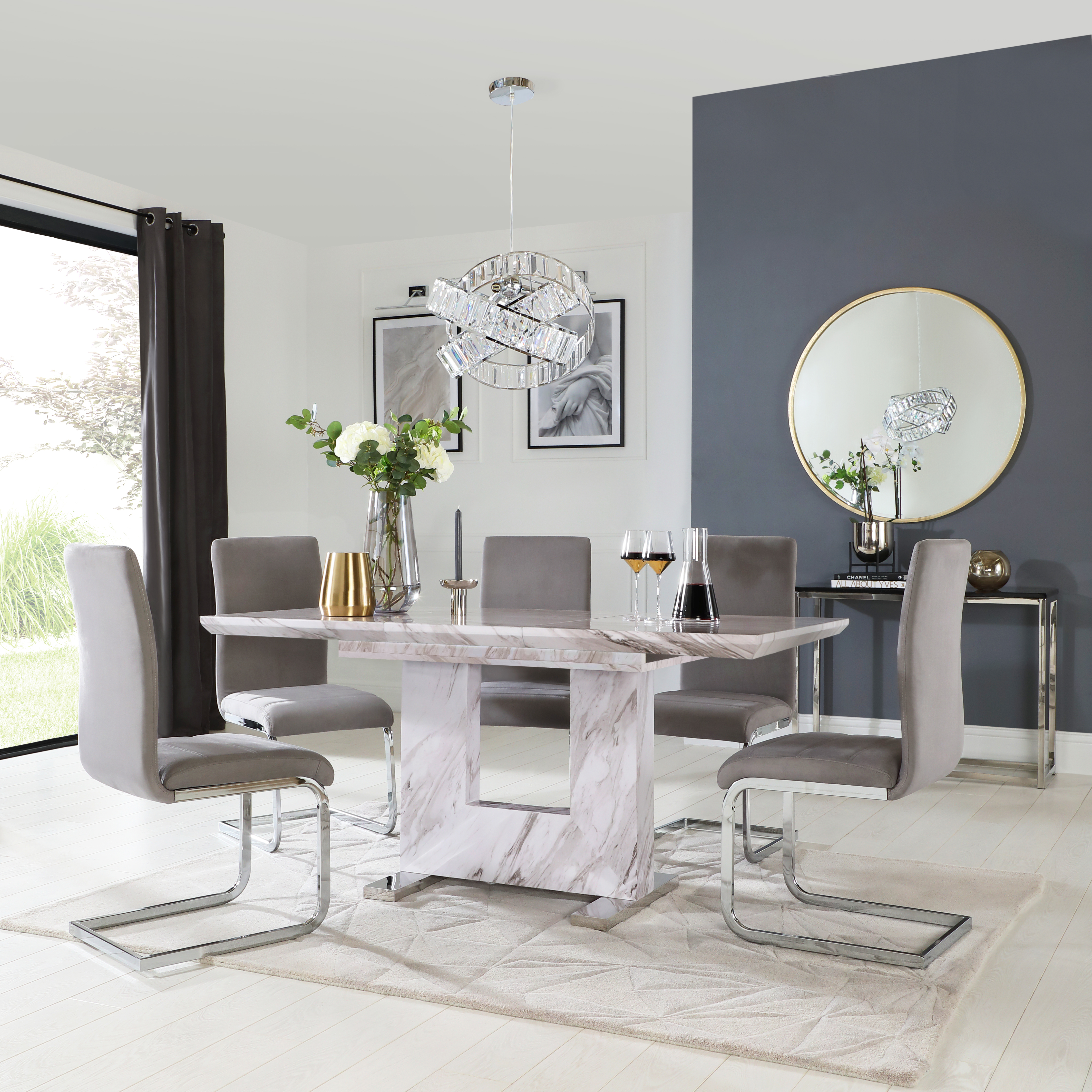 Florence Extending Dining Table & 6 Perth Chairs, Grey Marble Effect ...