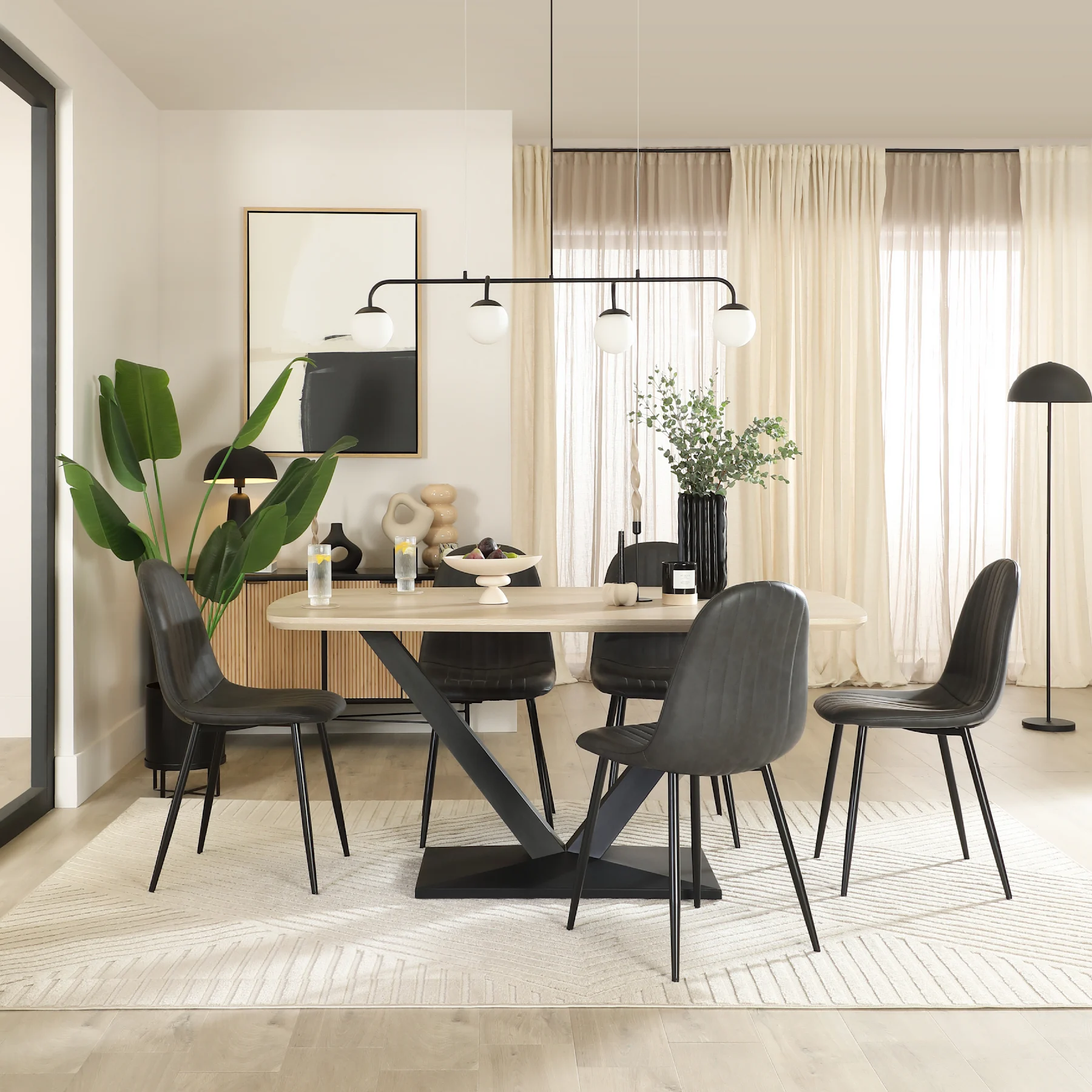 Avanta Dining Table & 4 Brooklyn Dining Chairs, Light Oak Effect & Black Steel, Vintage Grey Premium Faux Leather, 160cm