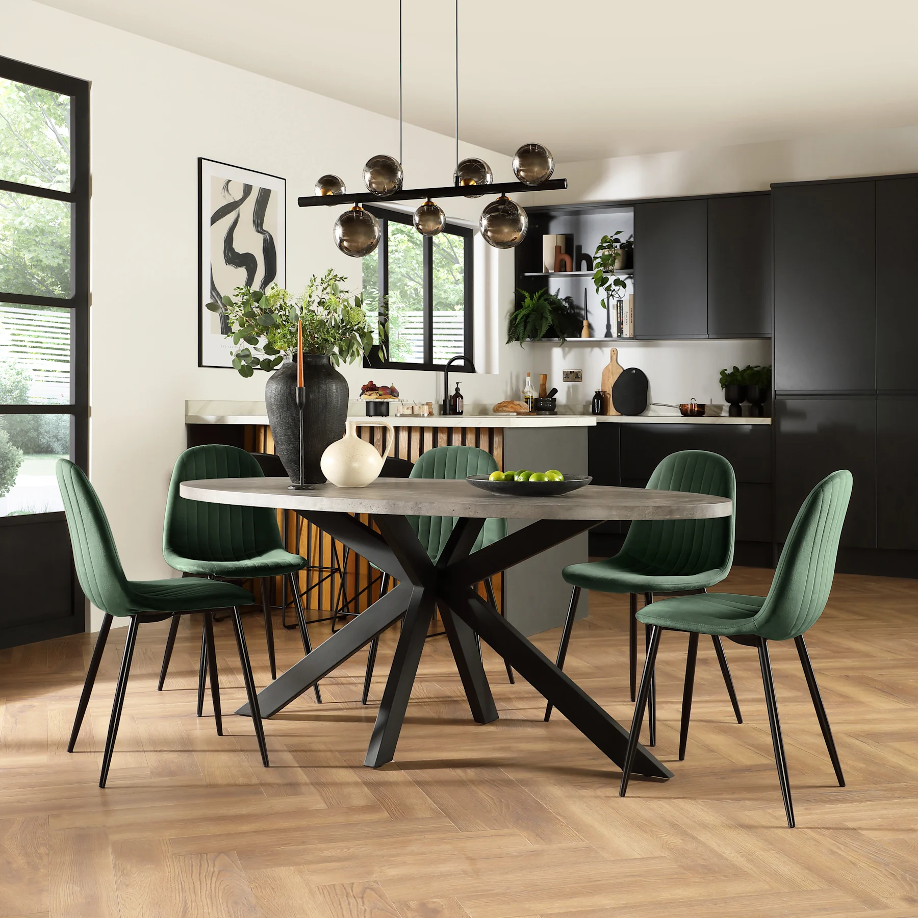 Madison Oval Industrial Dining Table & 4 Brooklyn Chairs, Grey Concrete Effect & Black Steel, Moss Green Classic Velvet, 150cm