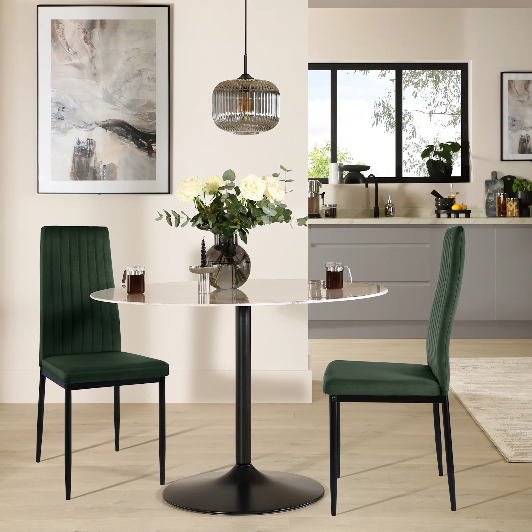 Orbit Round Dining Table & 2 Leon  Chairs, White Marble Effect & Black Steel, Moss Green Classic Velvet, 150cm