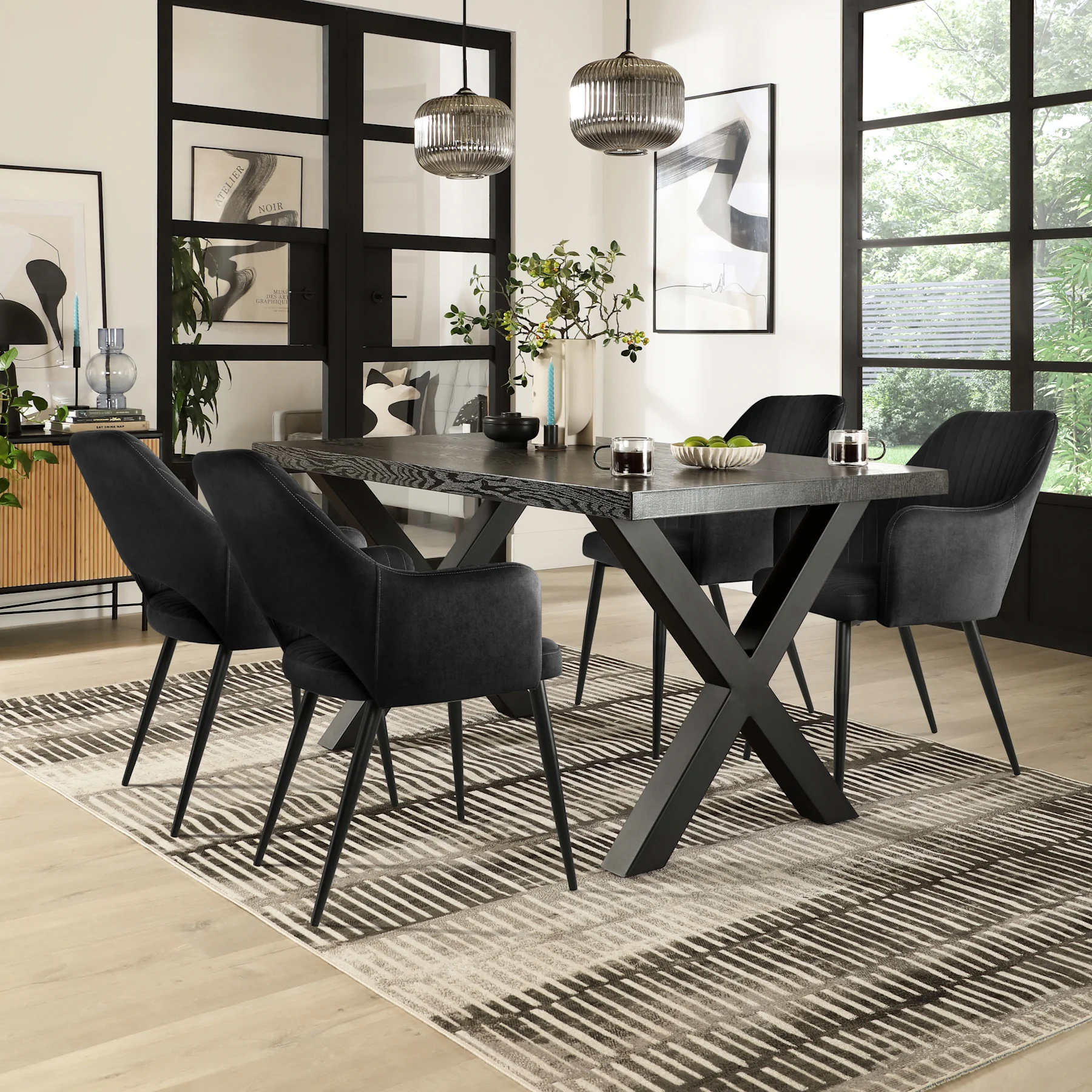 Franklin Dining Table & 4 Clara Chairs, Black Oak Effect & Black Steel, Black Classic Velvet, 150cm