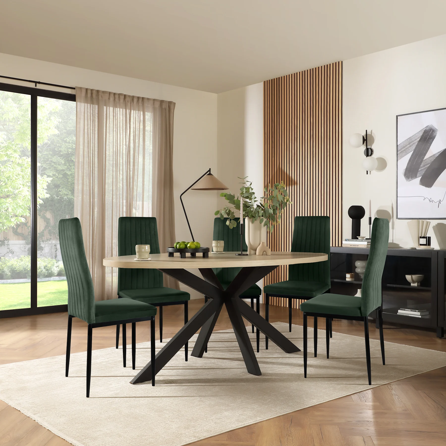 Madison Oval Dining Table & 6 Leon  Chairs, Light Oak Effect & Black Steel, Moss Green Classic Velvet, 150cm