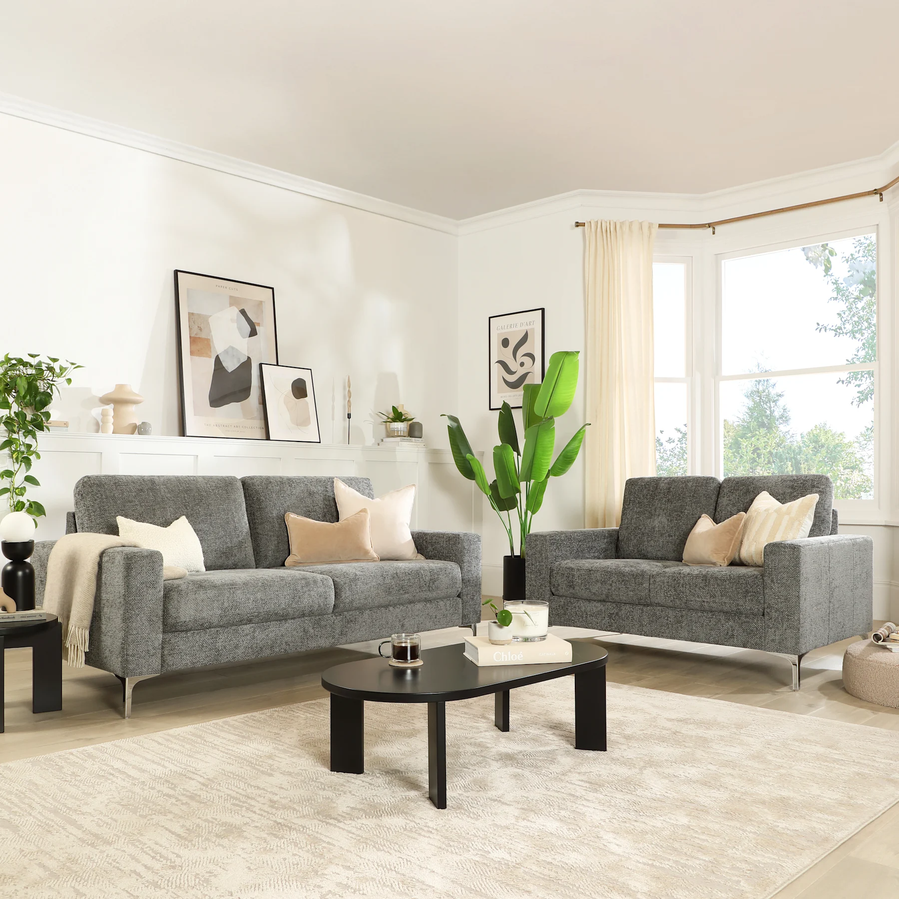 Baltimore 3+2 Seater Sofa Set, Dark Grey Woven Chenille Fabric