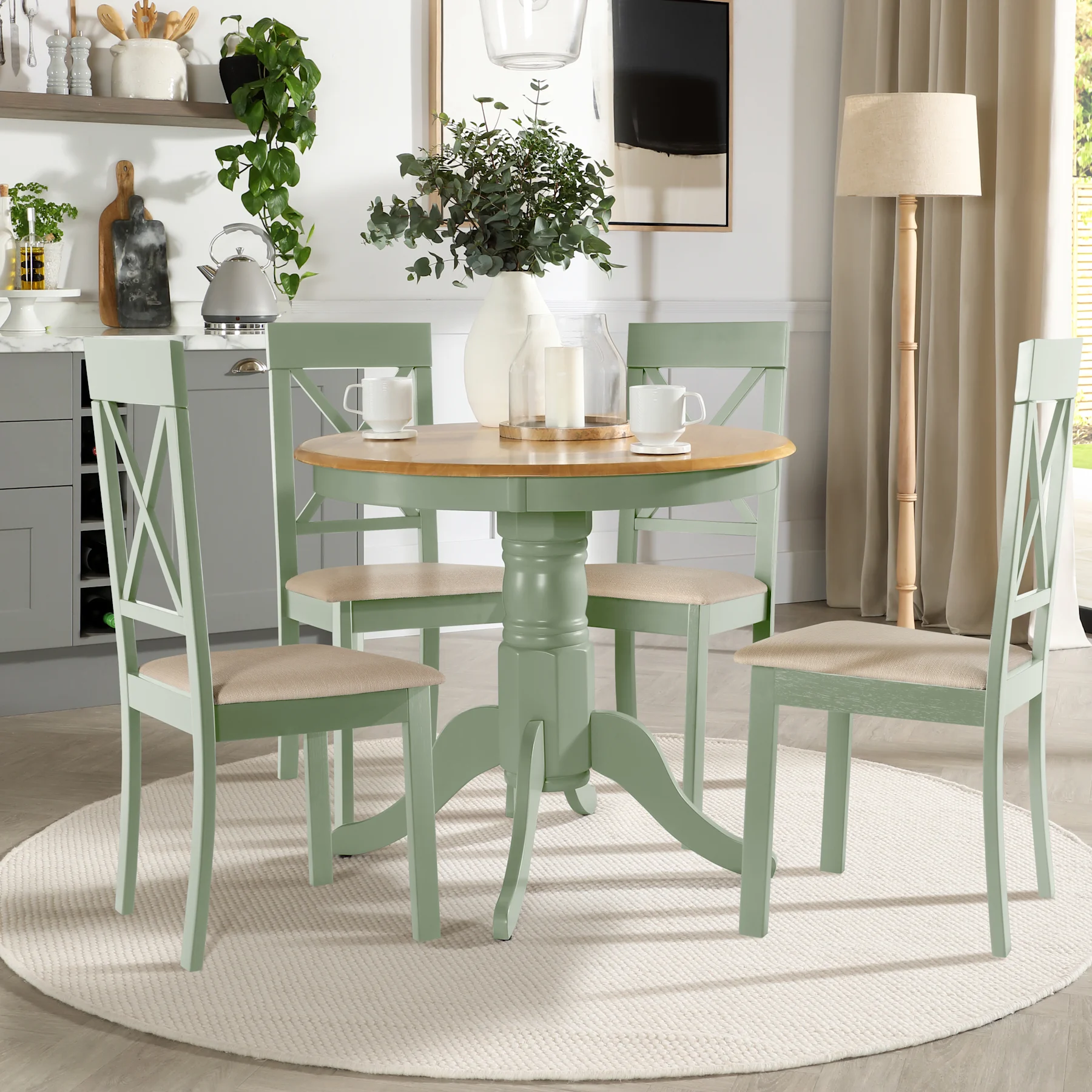 Kingston Round Dining Table & 4 Kendal Chairs, Natural Oak Finish & Sage Green Solid Hardwood, Oatmeal Classic Linen-Weave Fabric, 90cm
