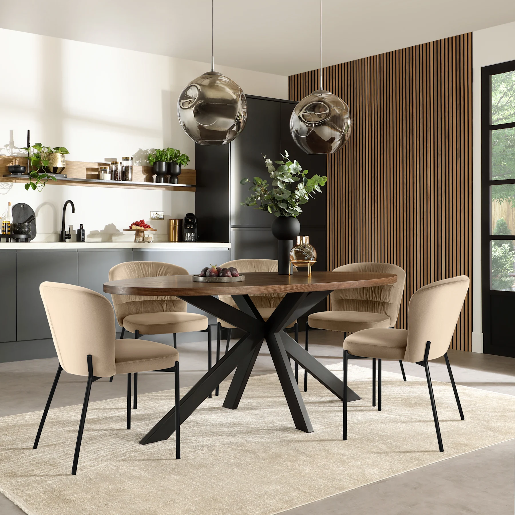 Madison Oval Industrial Dining Table & 6 Gianna Chairs, Walnut Effect & Black Steel, Champagne Classic Velvet, 180cm
