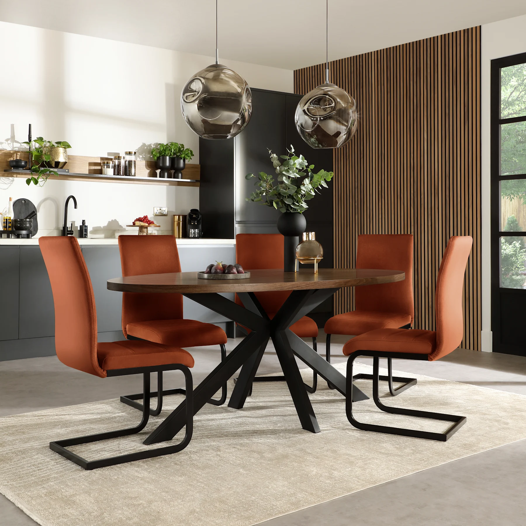 Madison Oval Industrial Dining Table & 4 Perth Chairs, Walnut Effect & Black Steel, Burnt Orange Classic Velvet, 180cm