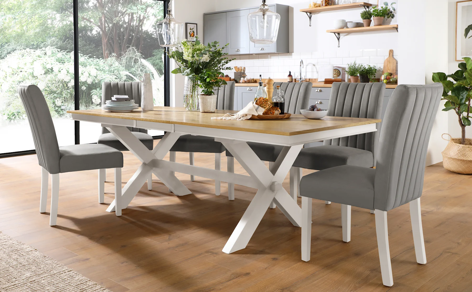 Grange Extending Dining Table & 4 Salisbury Chairs, Natural Oak Veneer & White Solid Hardwood, Grey Classic Velvet, 180-220cm
