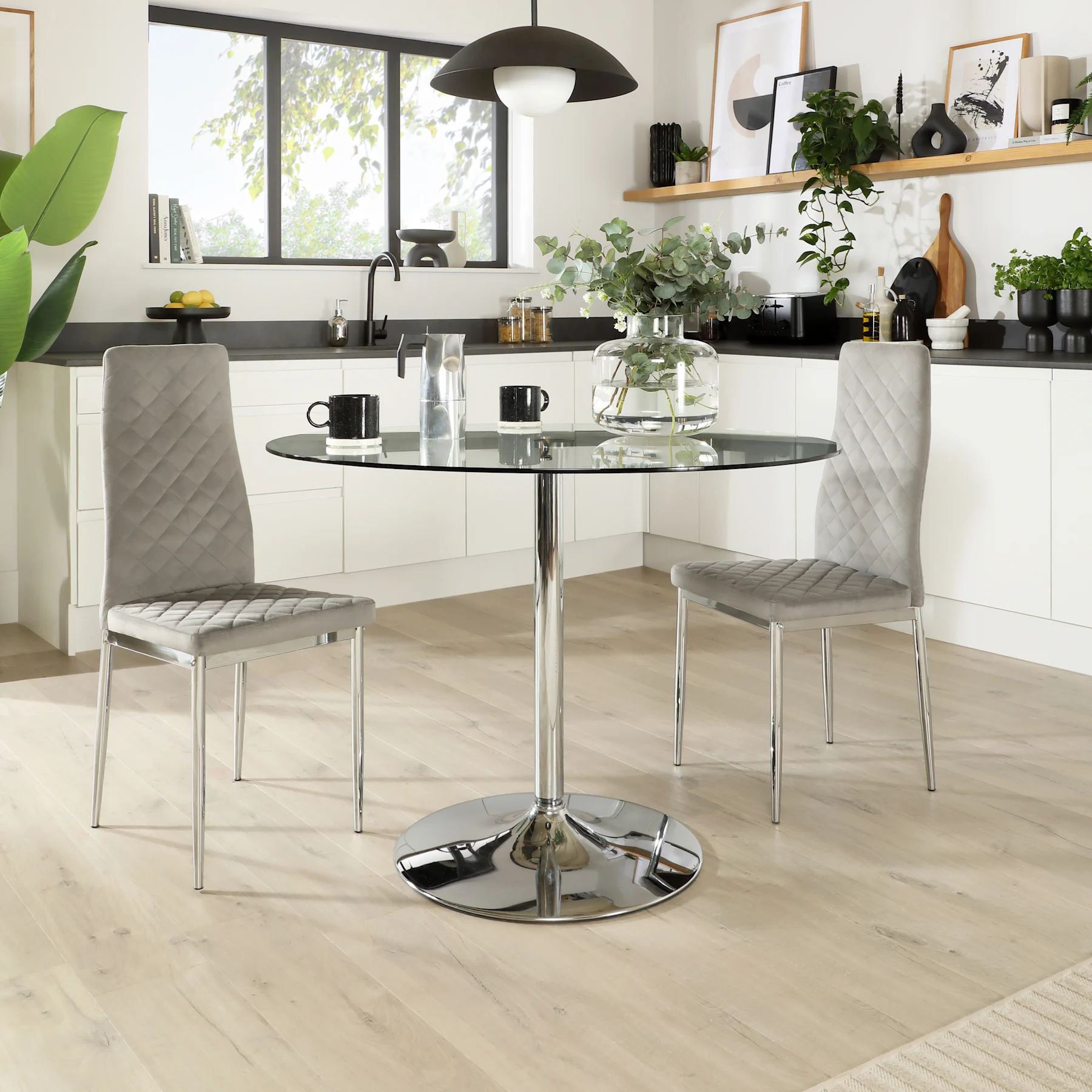 Orbit Round Dining Table & 2 Renzo Chairs, Glass & Chrome, Grey Classic Velvet, 110cm