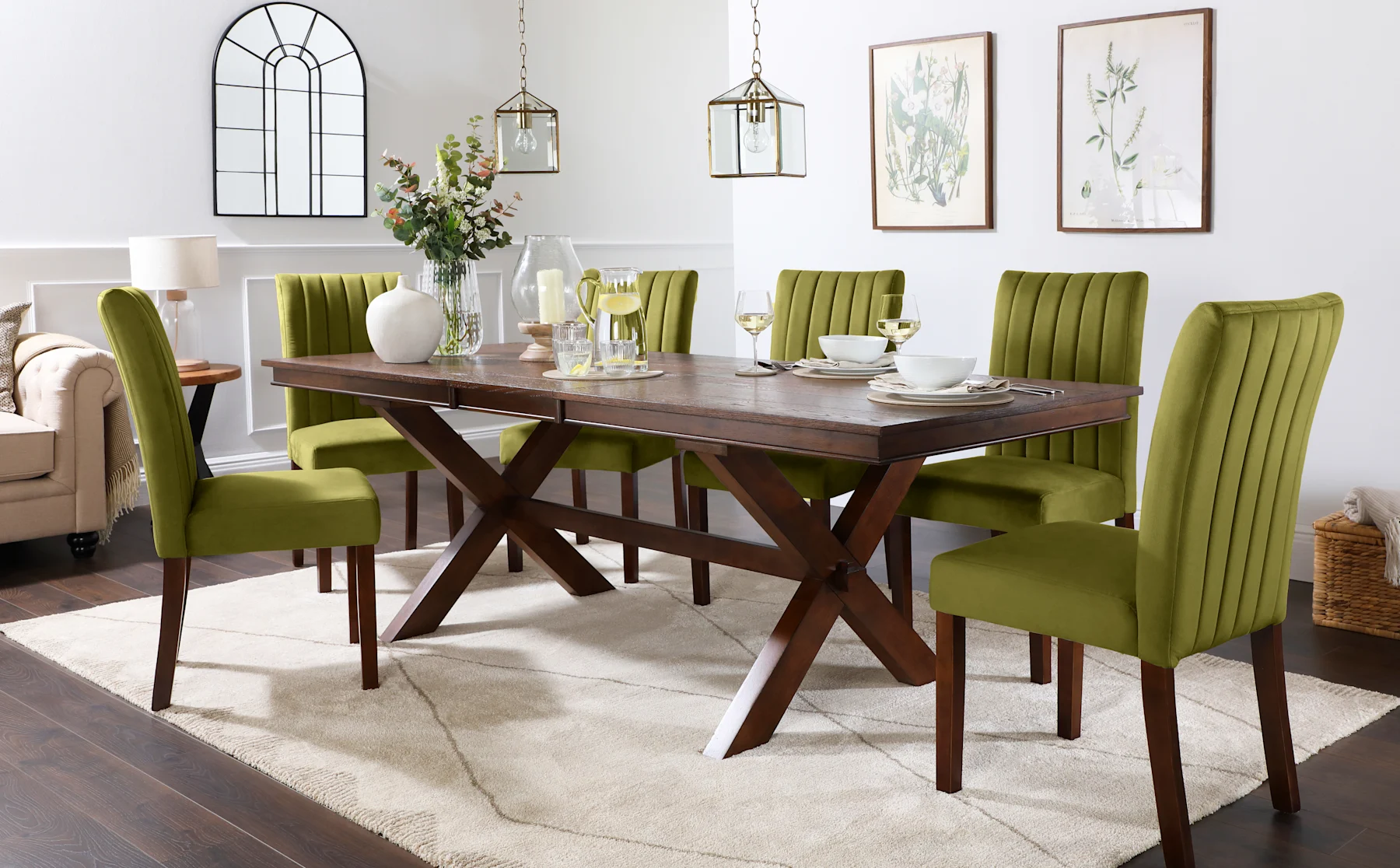 Grange Extending Dining Table & 6 Salisbury Chairs, Dark Oak Veneer & Solid Hardwood, Olive Green Classic Velvet & Dark Solid Hardwood, 180-220cm
