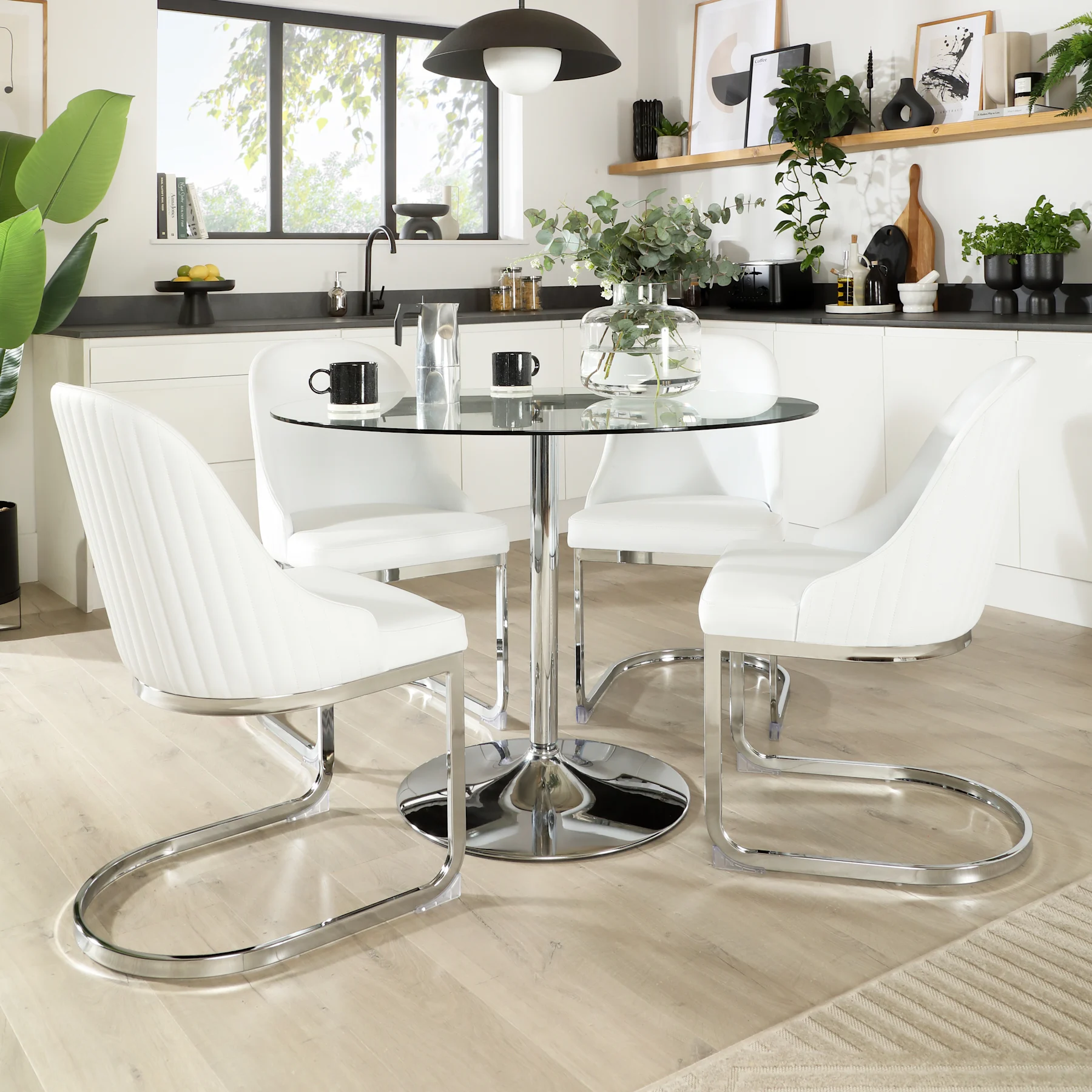Orbit Round Dining Table & 4 Riva Chairs, Glass & Chrome, White Premium Faux Leather, 110cm