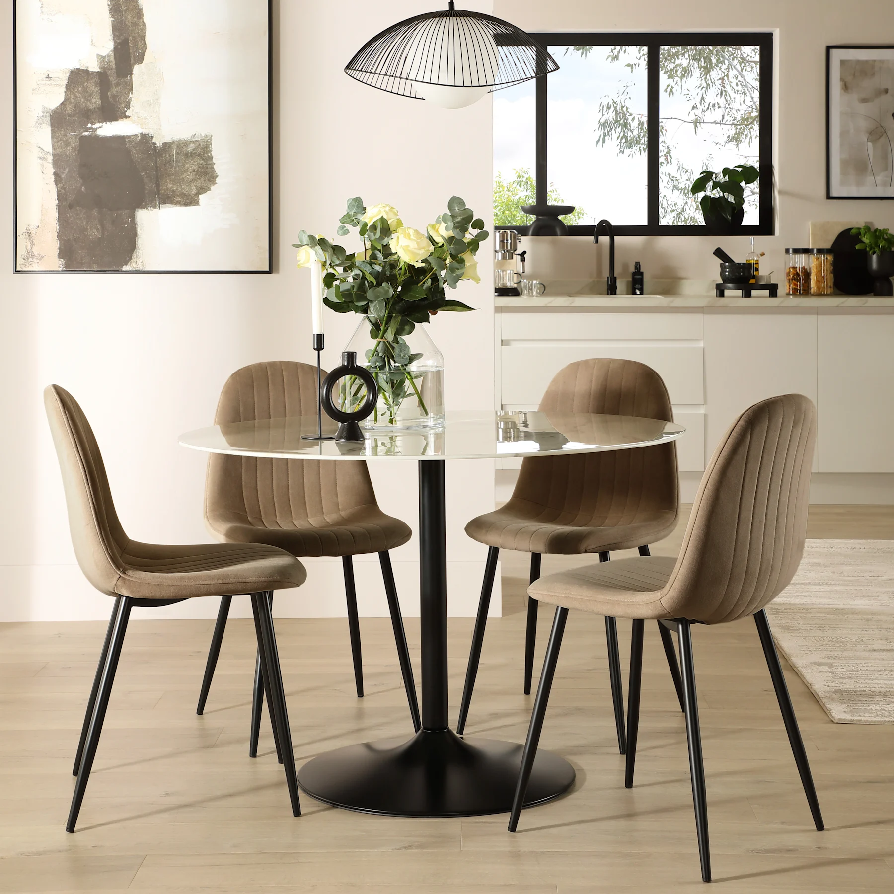 Orbit Round Dining Table & 2 Brooklyn Chairs, White Marble Effect & Black Steel, Beige Classic Velvet, 110cm