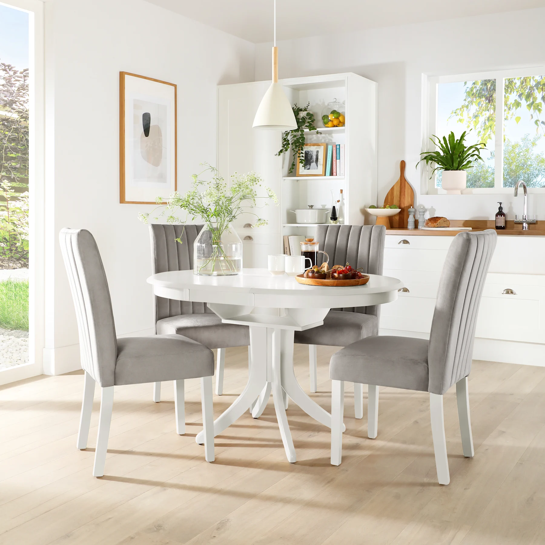Hudson Round Extending Dining Table & 4 Salisbury Chairs, White Wood, Grey Classic Velvet, 90-120cm