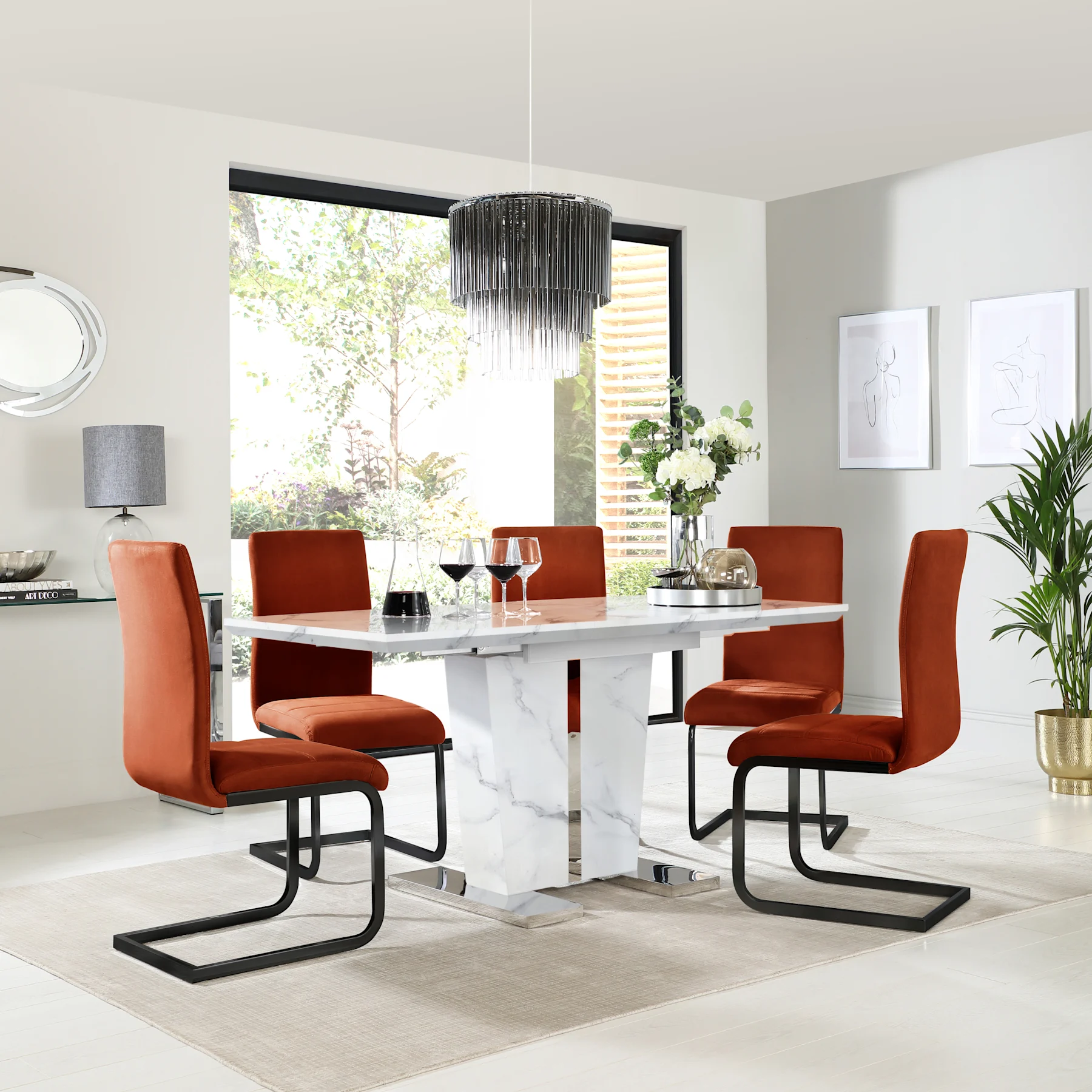 Vienna Extending Dining Table & 4 Perth Chairs, White Marble Effect, Burnt Orange Classic Velvet & Black Steel, 120-160cm