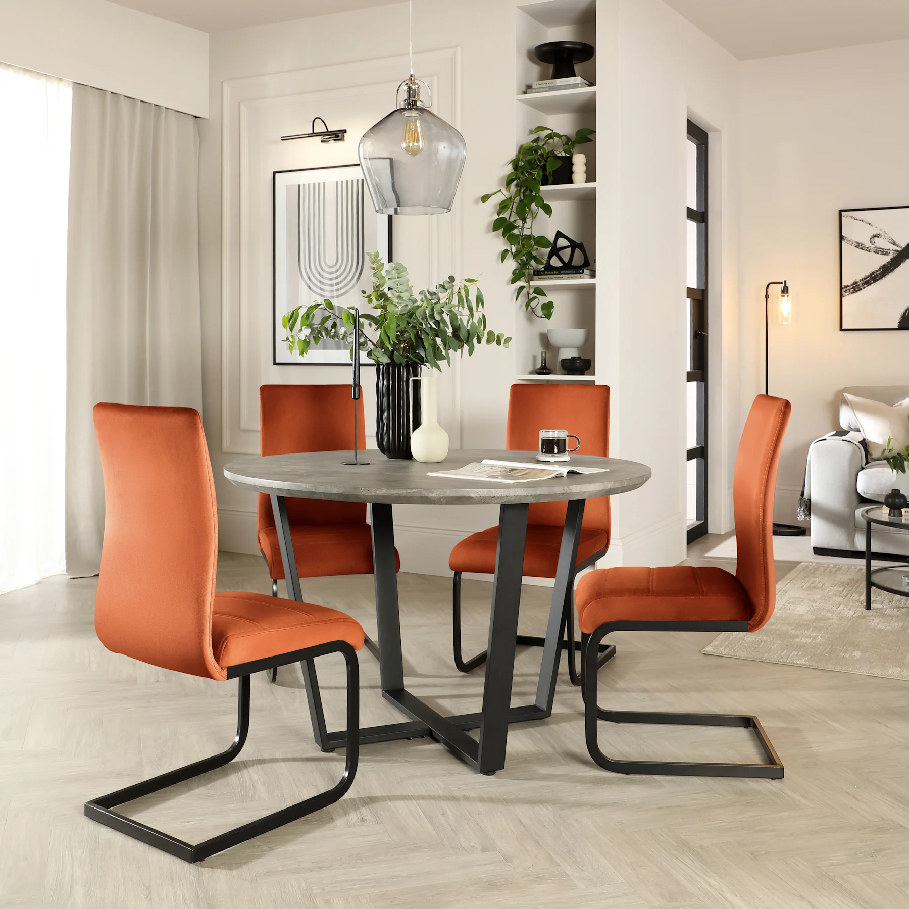Traviso Round Industrial Dining Table & 4 Perth Chairs, Concrete Effect & Black Steel, Burnt Orange Classic Velvet, 120cm