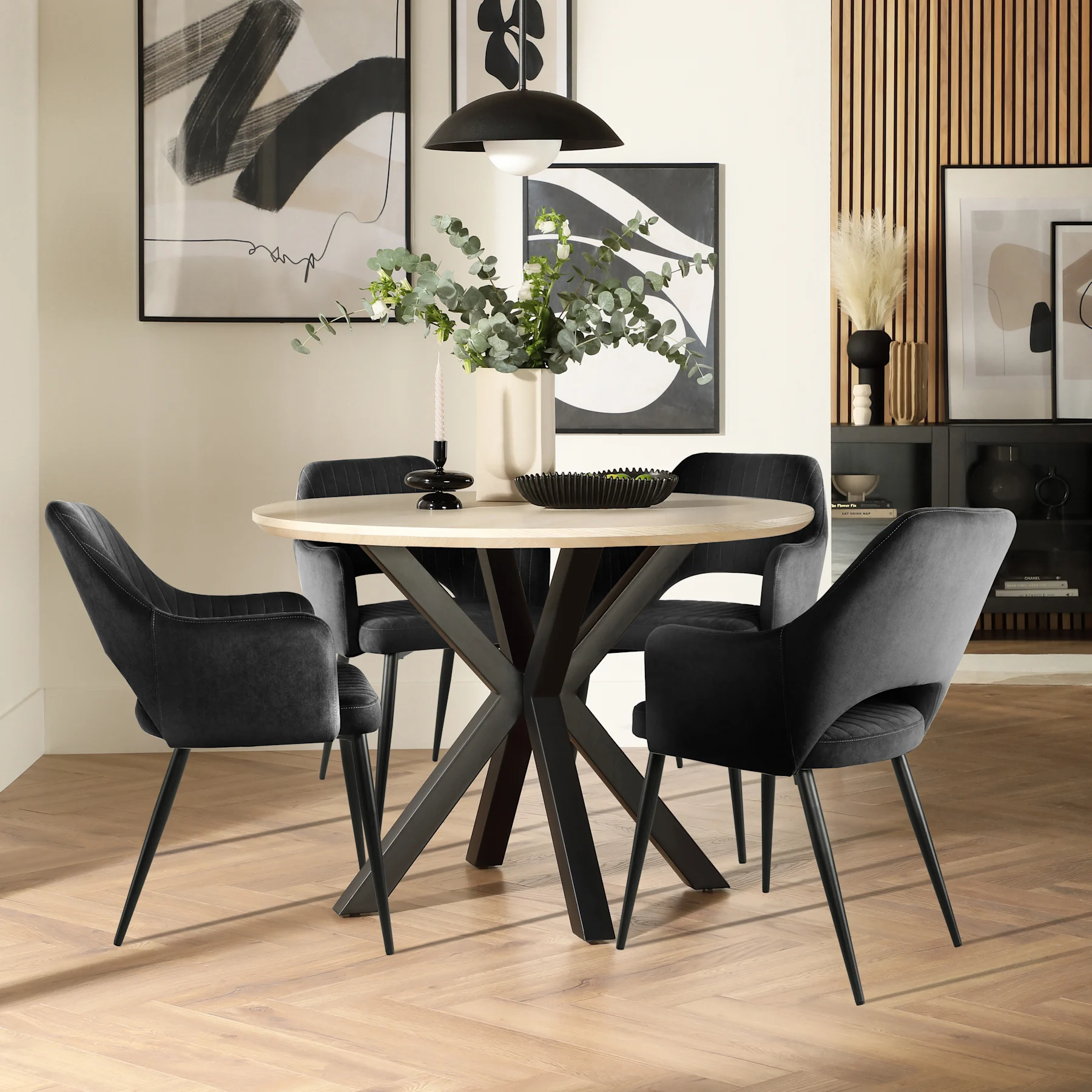 Newark Round Dining Table & 4 Clara Chairs, Light Oak Effect & Black Steel, Black Classic Velvet, 110cm