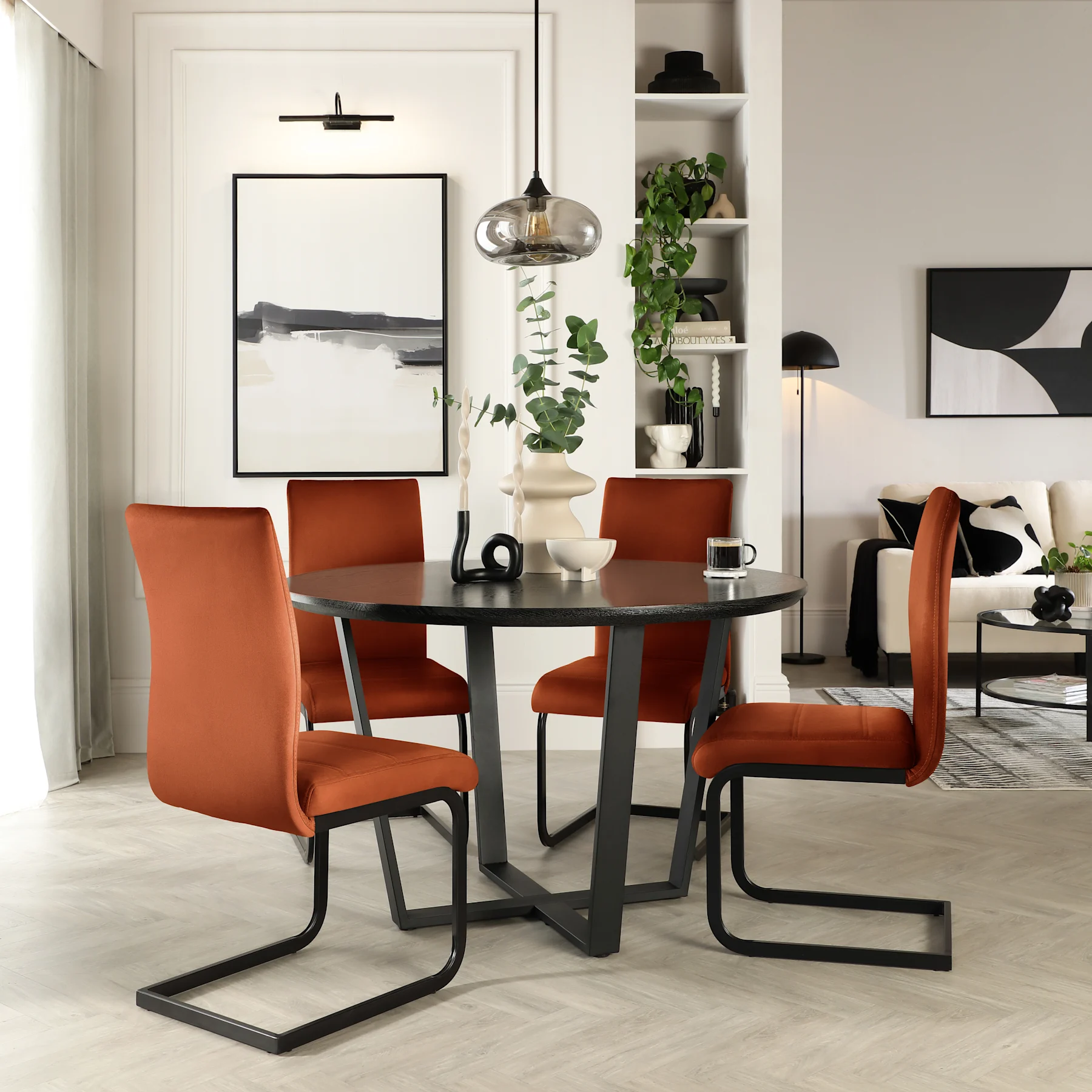 Traviso Round Dining Table & 4 Perth Chairs, Black Oak Effect & Black Steel, Burnt Orange Classic Velvet, 120cm