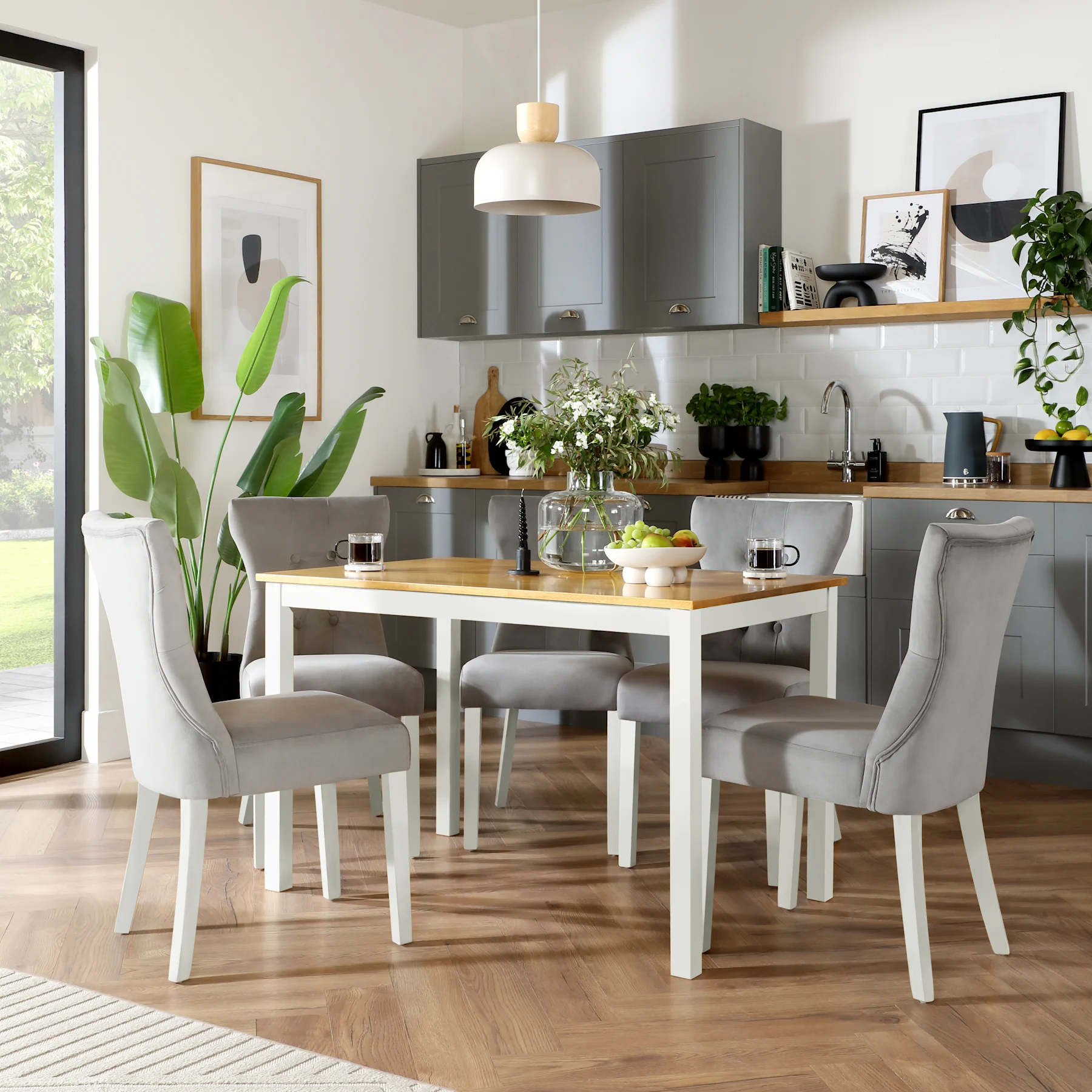 Milton Dining Table & 6 Bewley Chairs, Natural Oak Finish & White Solid Hardwood, Grey Classic Velvet, 120cm