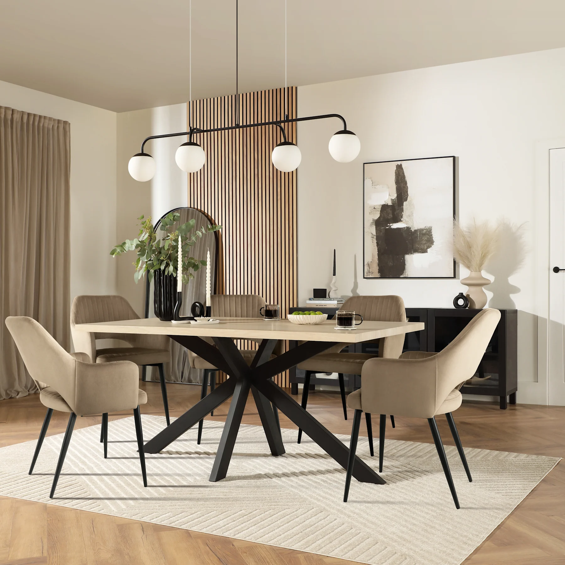 Madison Dining Table & 6 Clara Chairs, Light Oak Effect & Black Steel, Beige Classic Velvet, 160cm