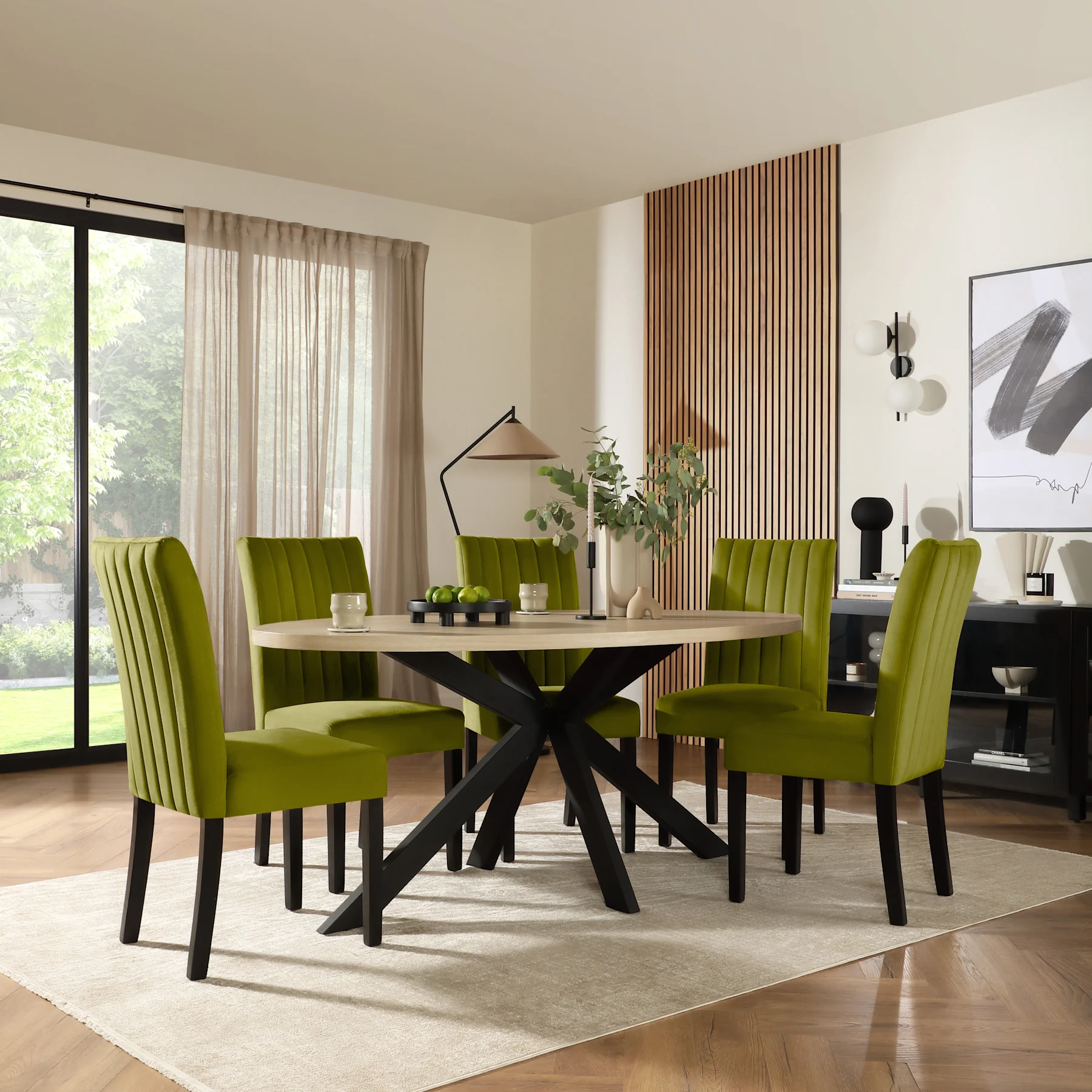 Madison Oval Dining Table & 6 Salisbury Chairs, Light Oak Effect & Black Steel, Olive Green Classic Velvet & Black Solid Hardwood, 180cm
