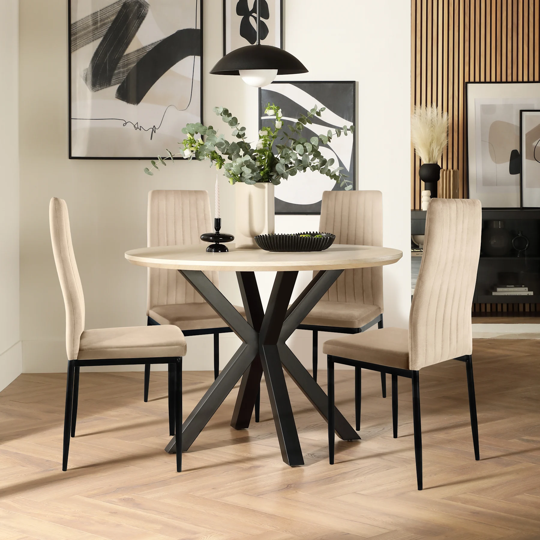 Newark Round Dining Table & 2 Leon  Chairs, Light Oak Effect & Black Steel, Champagne Classic Velvet, 150cm