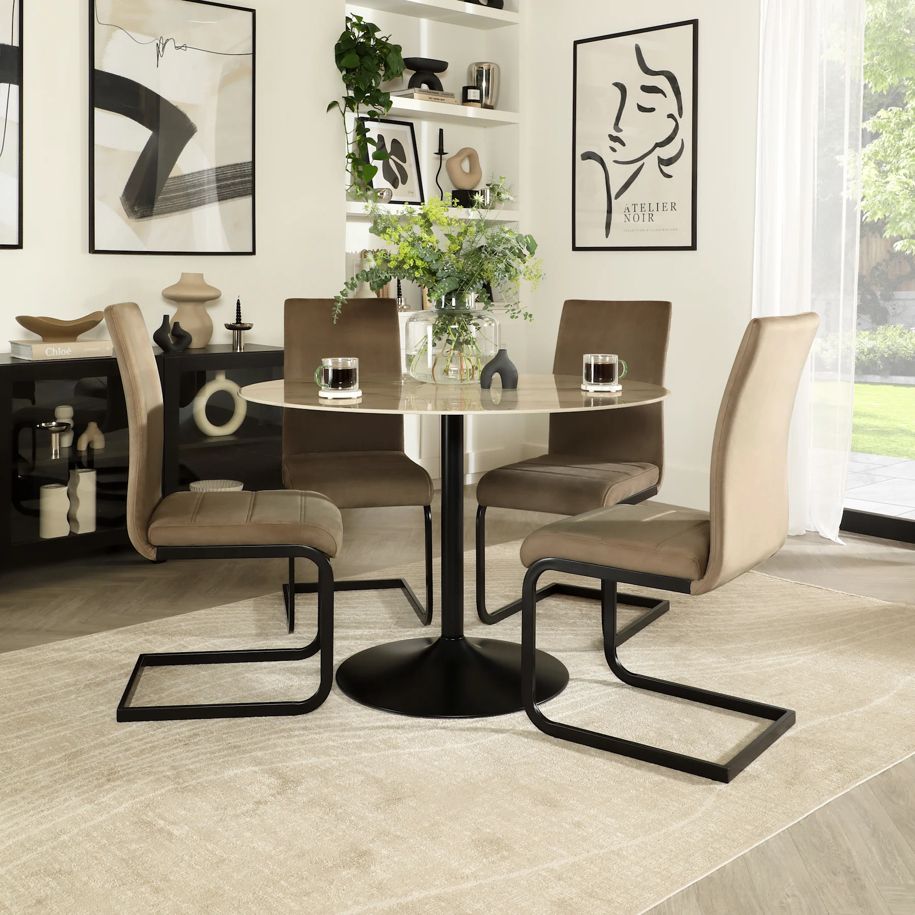 Orbit Round Dining Table & 2 Perth Chairs, Beige Marble Effect & Black Steel, Beige Classic Velvet, 110cm