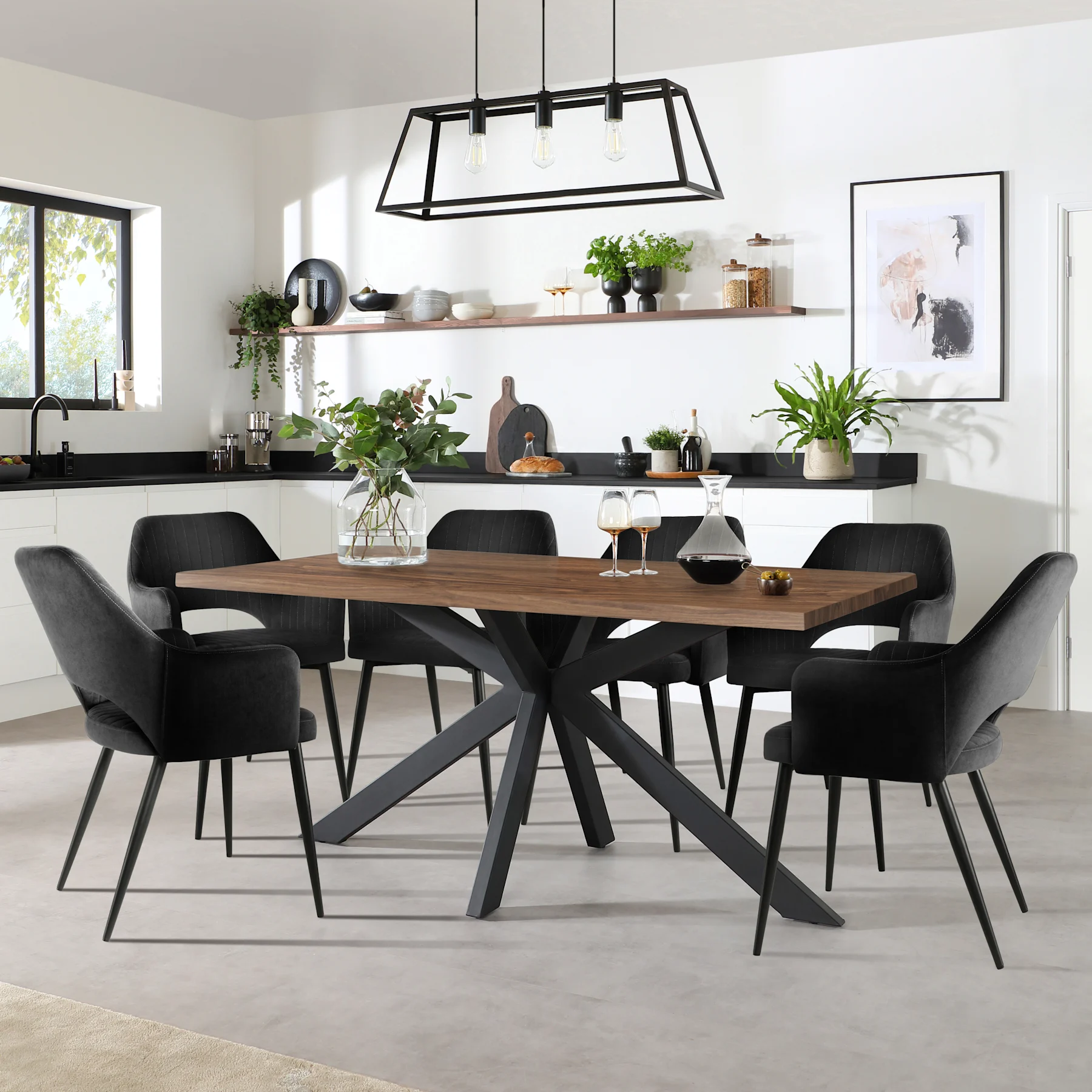 Madison Industrial Dining Table & 4 Clara Chairs, Walnut Effect & Black Steel, Black Classic Velvet, 160cm