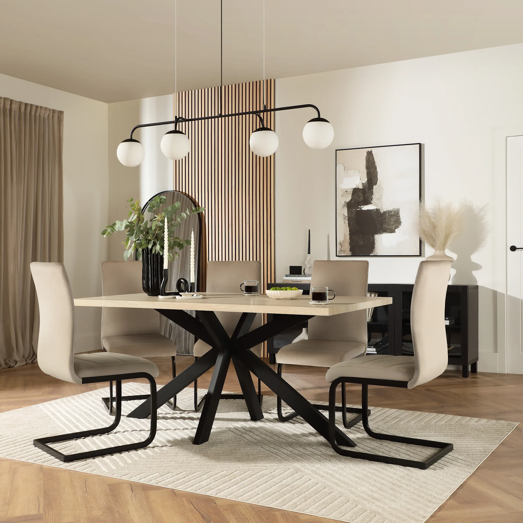 Madison Dining Table & 4 Perth Chairs, Light Oak Effect & Black Steel, Champagne Classic Velvet, 160cm