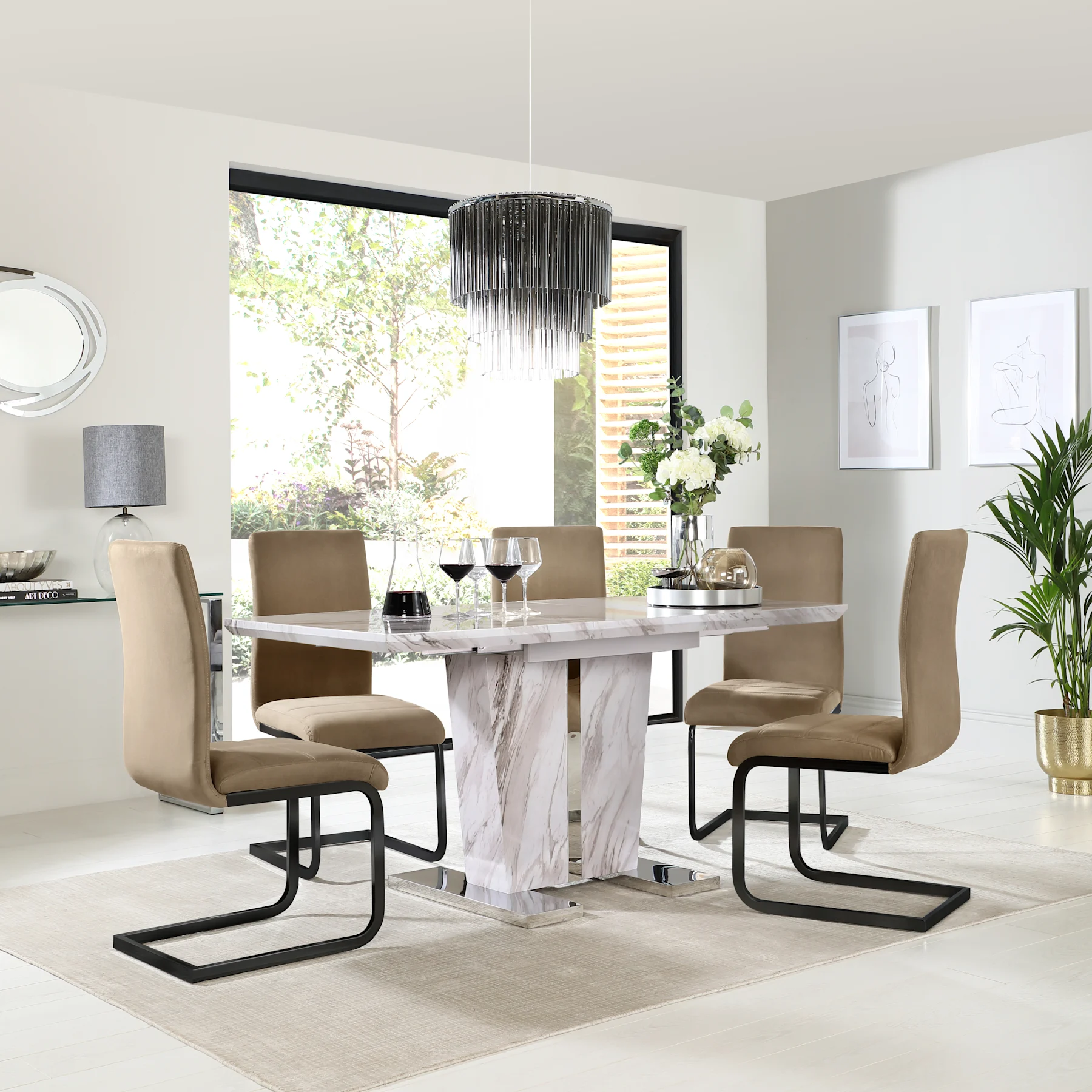 Vienna Extending Dining Table & 6 Perth Chairs, Grey Marble Effect, Beige Classic Velvet & Black Steel, 120-160cm