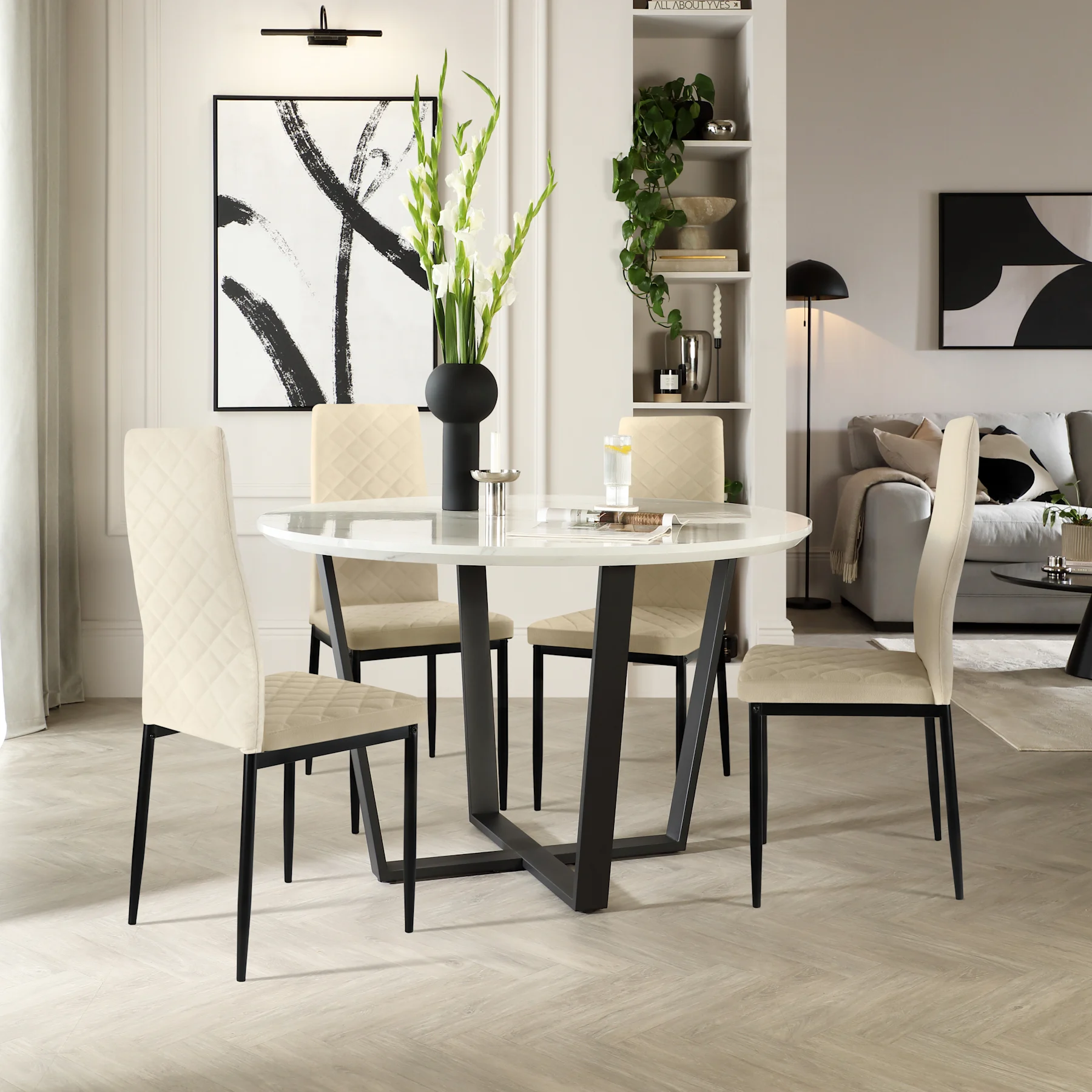 Traviso Round Dining Table & 4 Renzo Chairs, White Marble Effect & Black Steel, Ivory Classic Plush Fabric, 120cm