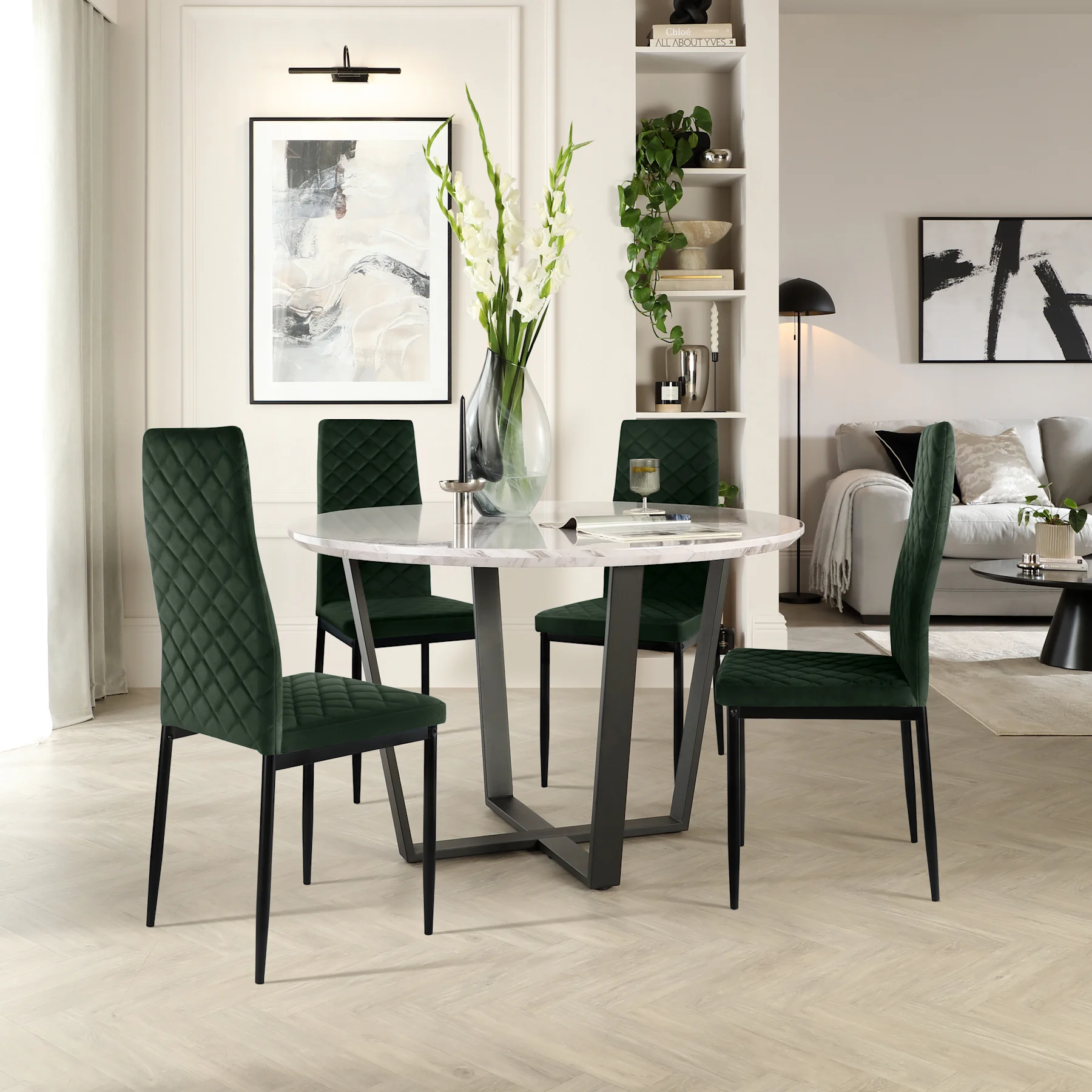 Traviso Round Dining Table & 4 Renzo Chairs, Grey Marble Effect & Black Steel, Moss Green Classic Velvet, 120cm