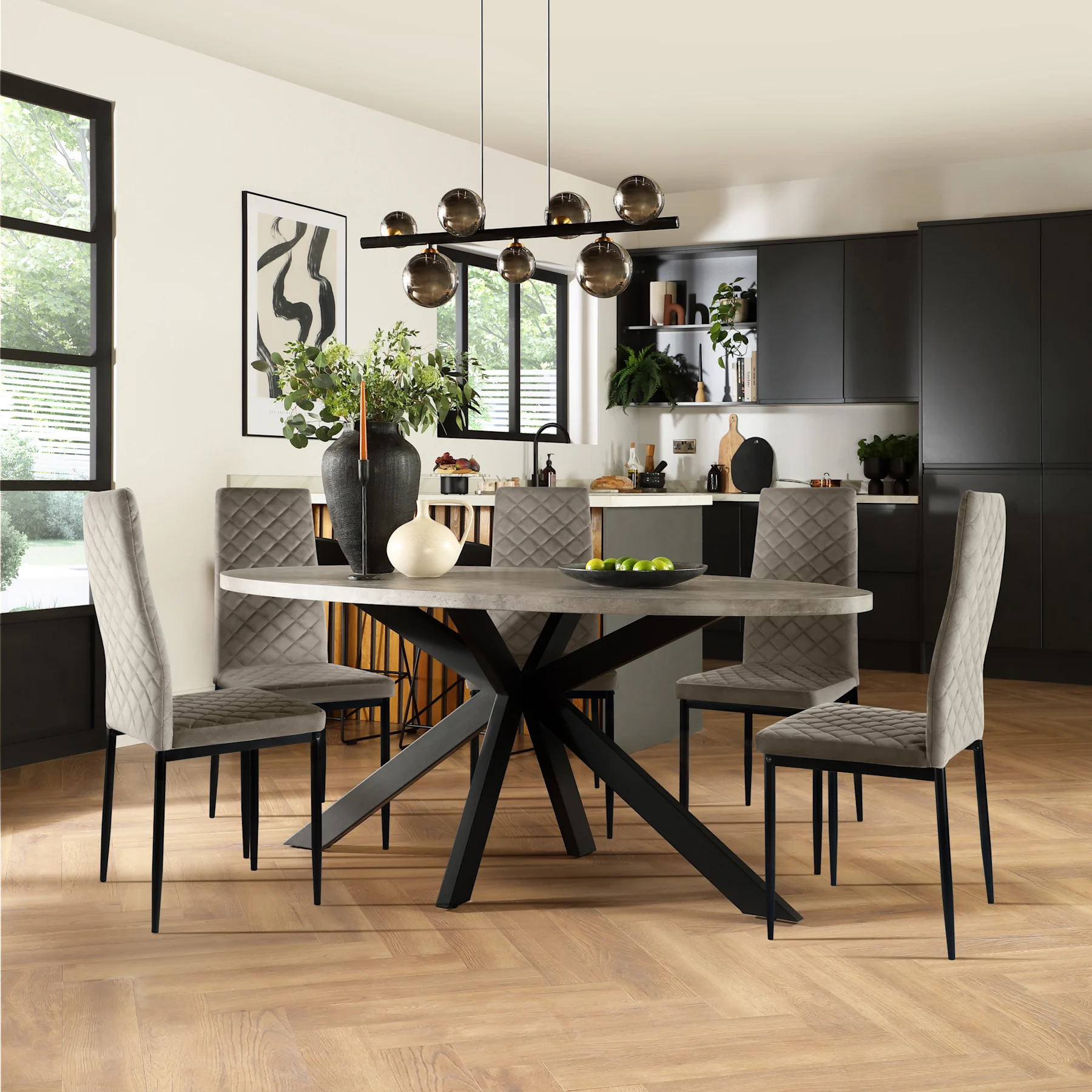 Madison Oval Industrial Dining Table & 4 Renzo  Chairs, Grey Concrete Effect & Black Steel, Grey Classic Velvet, 150cm