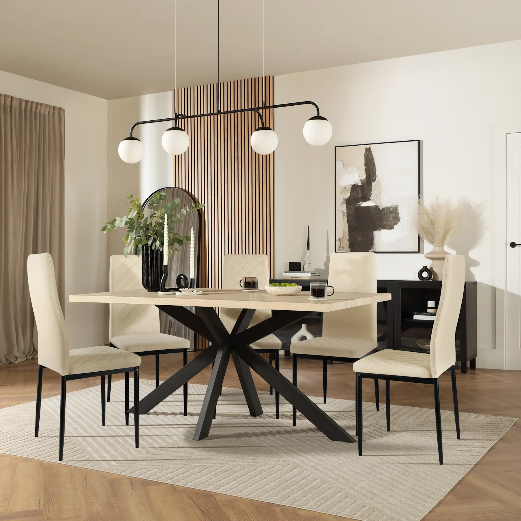 Madison Dining Table & 6 Renzo  Chairs, Light Oak Effect & Black Steel, Ivory Classic Plush Fabric, 150cm