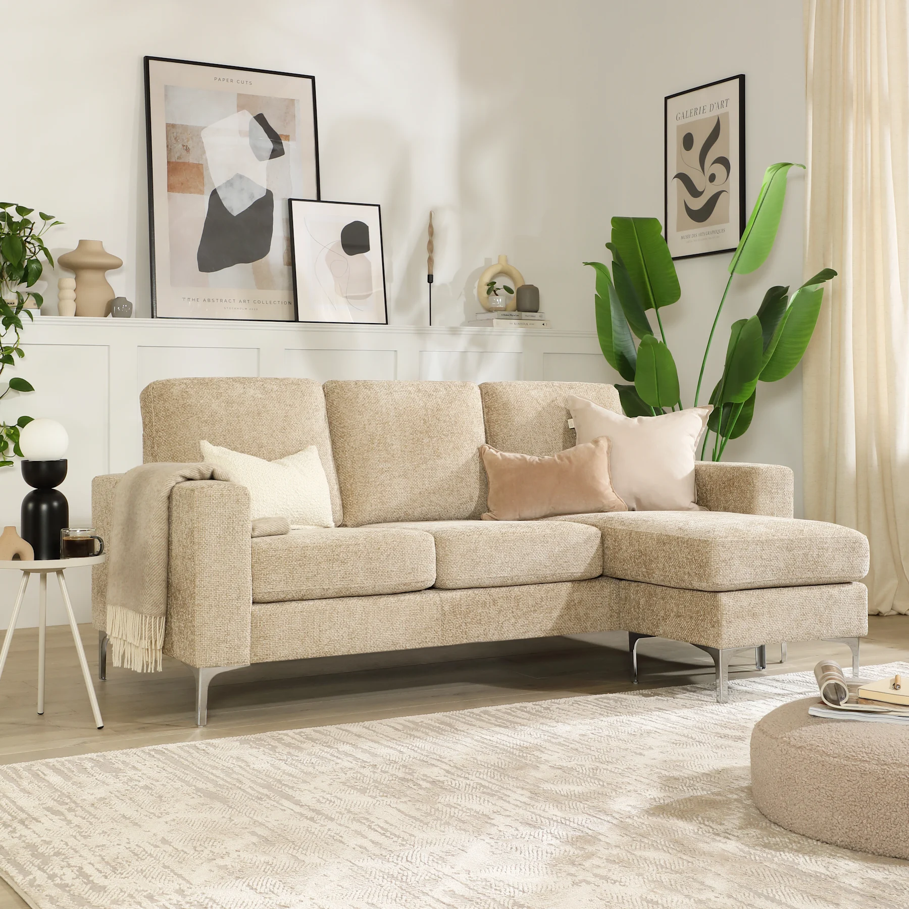 Baltimore L-Shape Corner Sofa, Champagne Woven Chenille Fabric