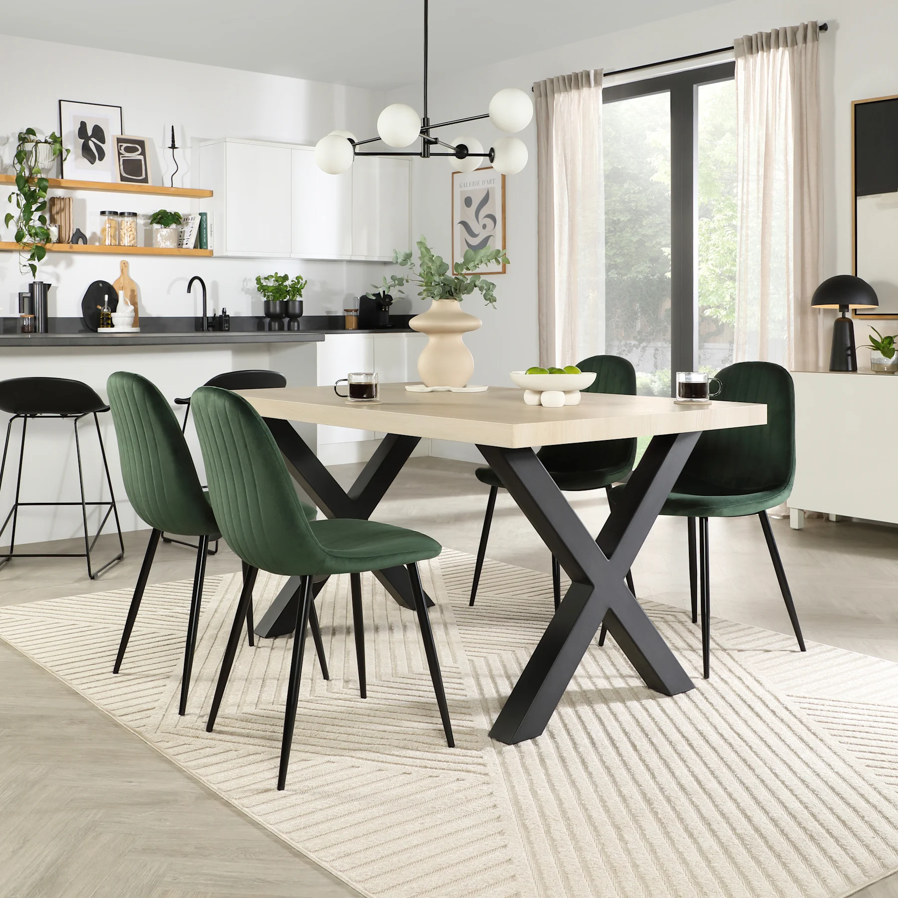 Franklin Dining Table & 4 Brooklyn Chairs, Light Oak Effect & Black Steel, Moss Green Classic Velvet, 150cm