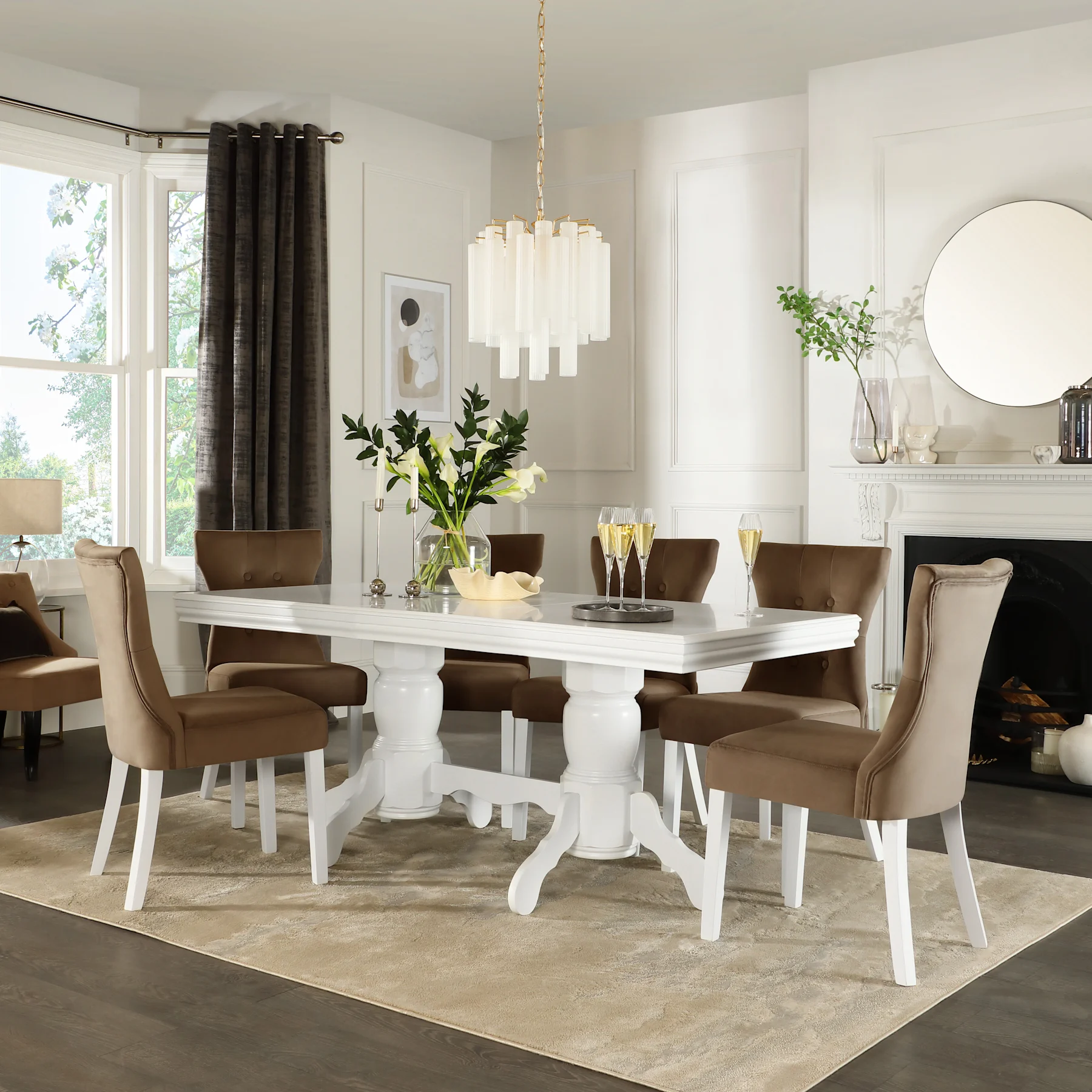 Chatsworth Extending Dining Table & 8 Bewley Chairs, White Wood, Beige Classic Velvet, 150-180cm
