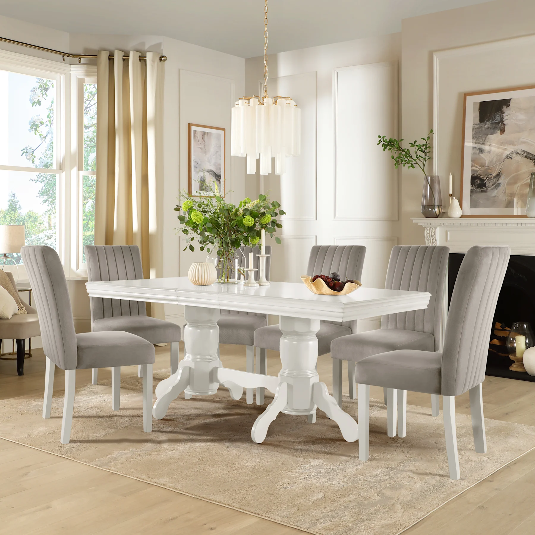 Chatsworth Extending Dining Table & 6 Salisbury Chairs, White Wood, Grey Classic Velvet, 150-180cm
