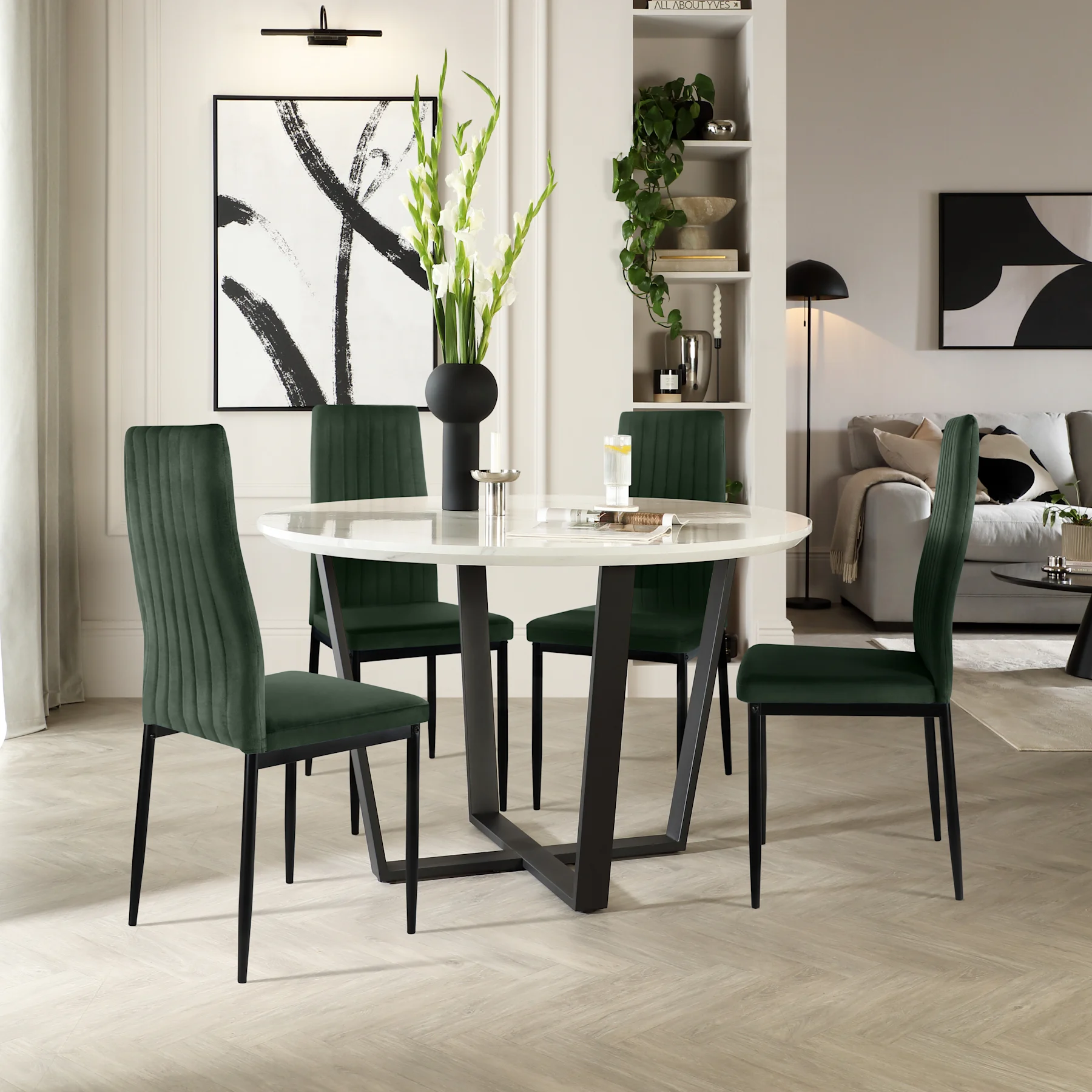 Traviso Round Dining Table & 4 Leon Chairs, White Marble Effect & Black Steel, Moss Green Classic Velvet, 120cm