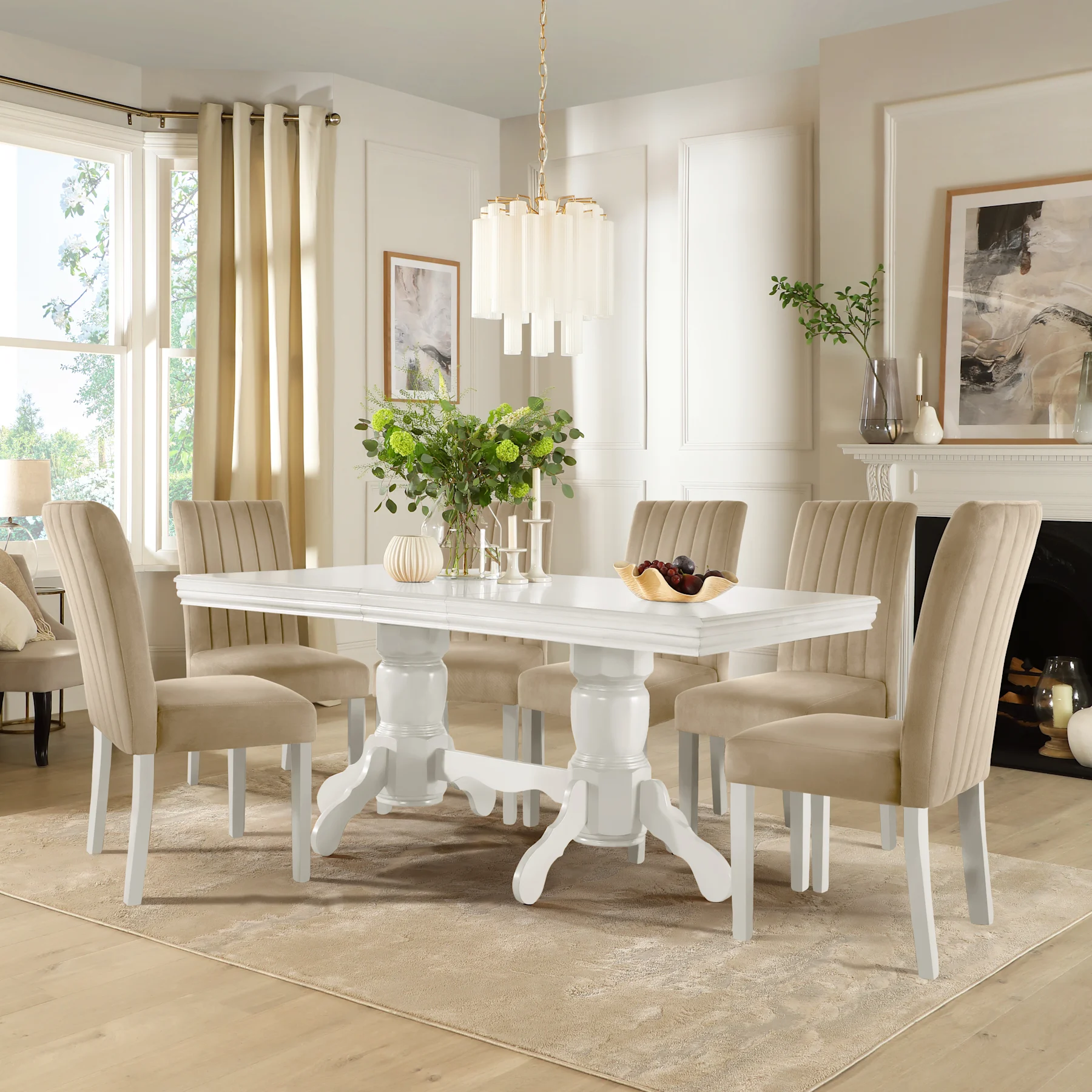 Chatsworth Extending Dining Table & 4 Salisbury Chairs, White Wood, Champagne Classic Velvet, 150-180cm