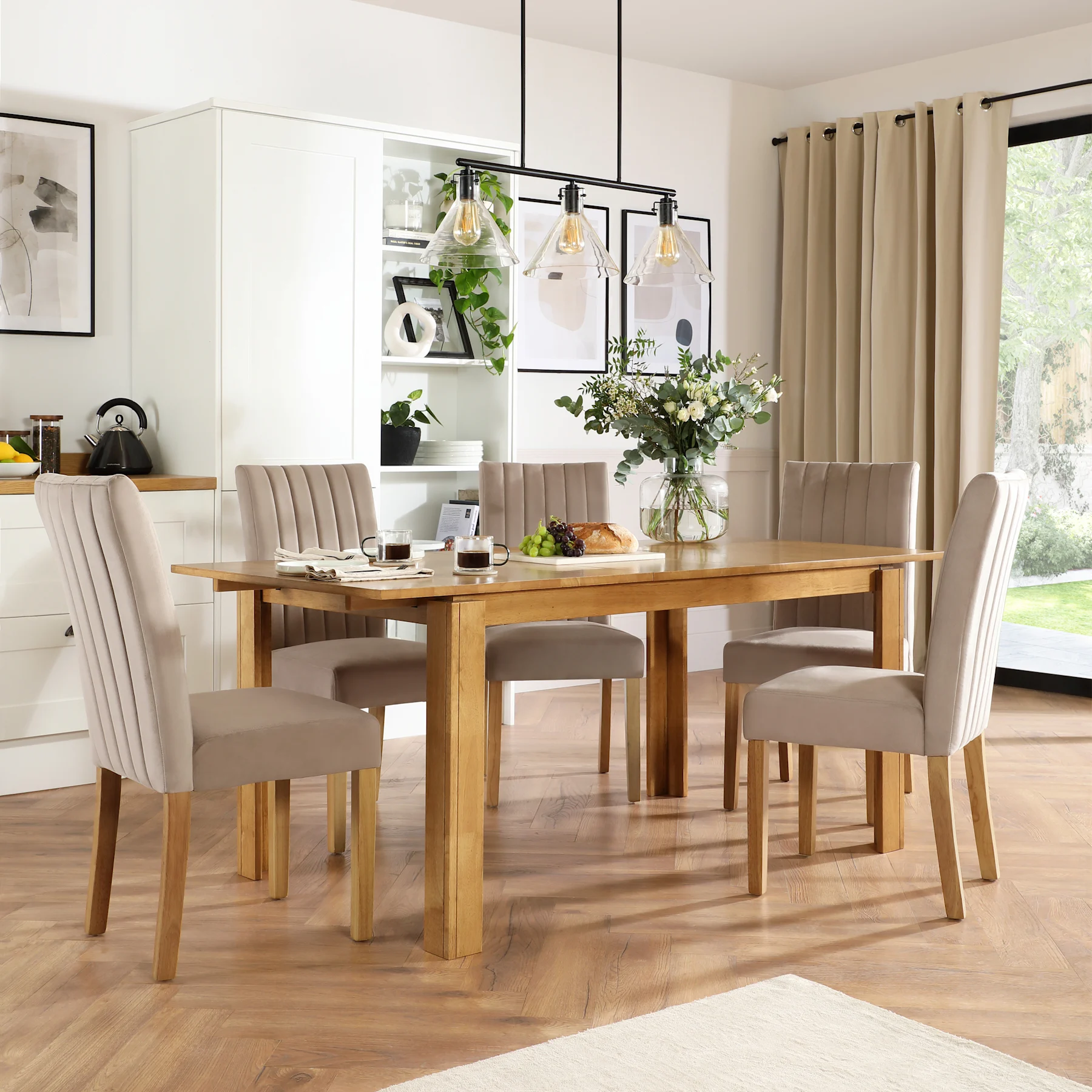 Bali Extending Dining Table & 6 Salisbury Chairs, Natural Oak Finished Solid Hardwood, Beige Classic Plush Fabric, 150-180cm