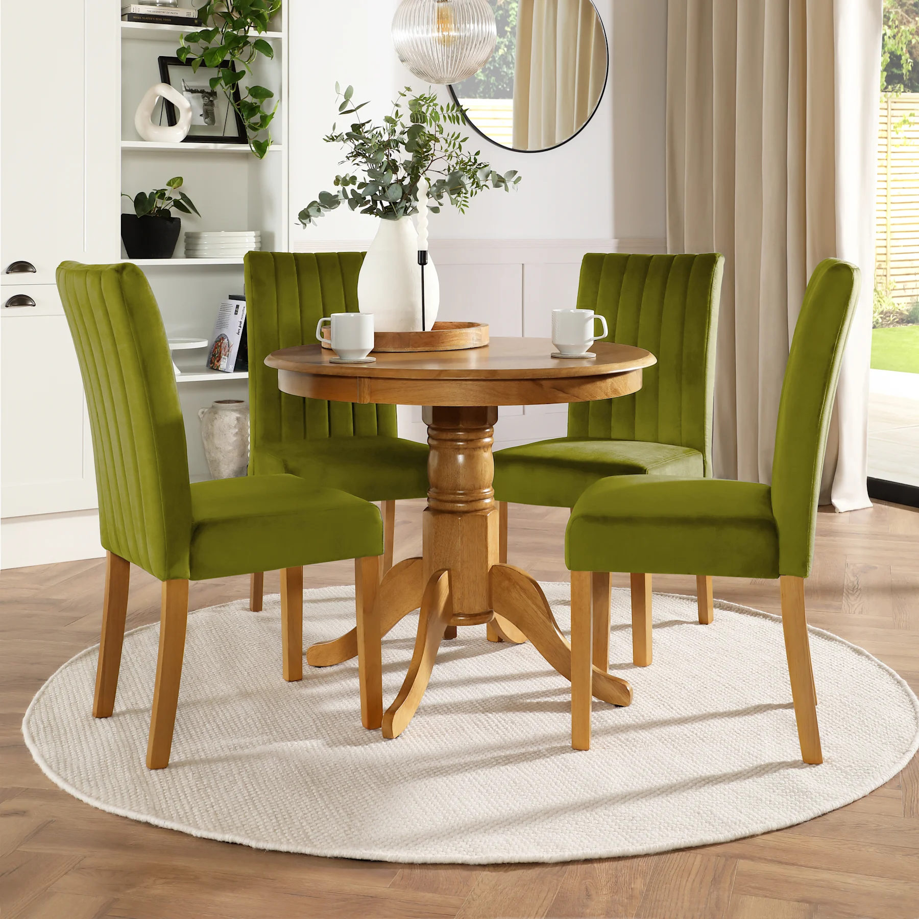 Kingston Round Dining Table & 2 Salisbury Chairs, Natural Oak Finished Solid Hardwood, Olive Green Classic Velvet, 90cm