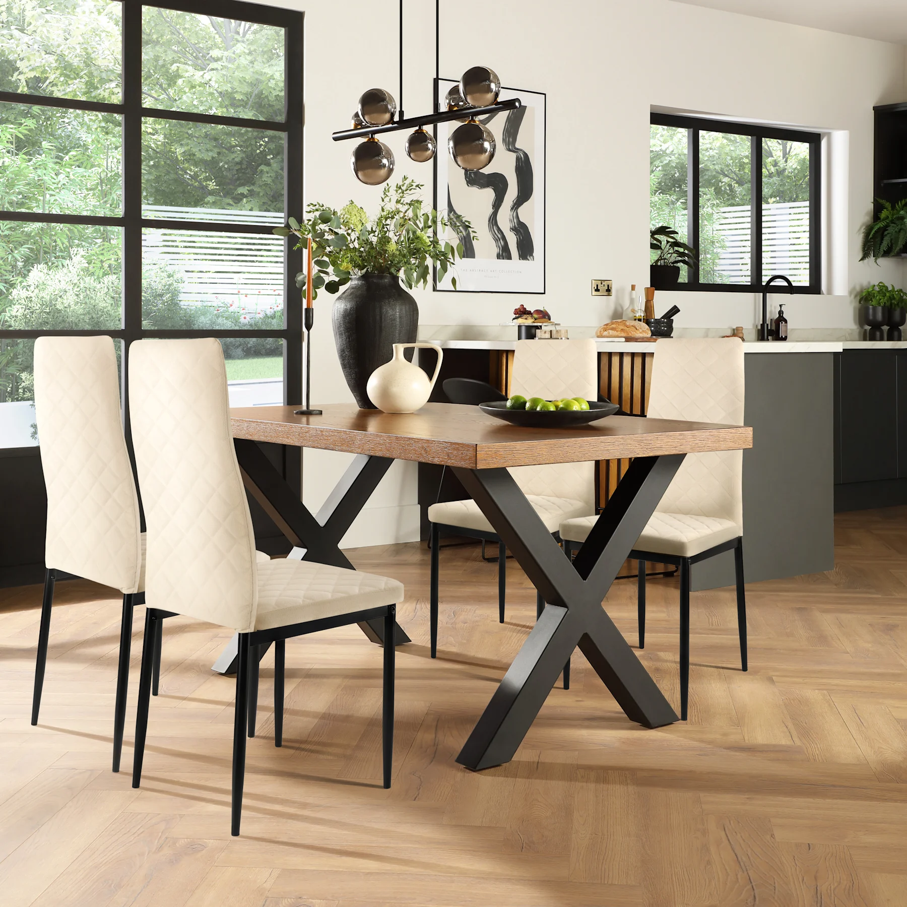 Franklin Industrial Dining Table & 4 Renzo  Chairs, Dark Oak Veneer & Black Steel, Ivory Classic Plush Fabric, 150cm