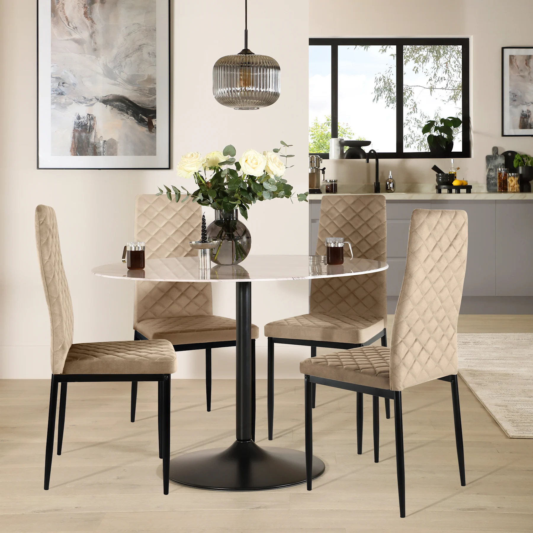 Orbit Round Dining Table & 4 Renzo  Chairs, Grey Marble Effect & Black Steel, Champagne Classic Velvet, 150cm