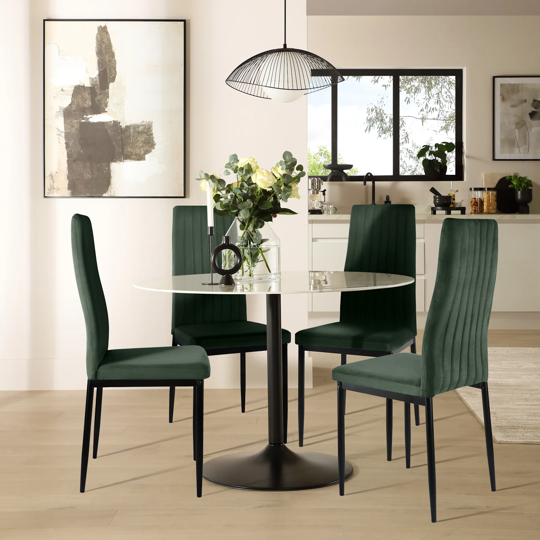 Orbit Round Dining Table & 4 Leon  Chairs, Grey Marble Effect & Black Steel, Moss Green Classic Velvet, 150cm